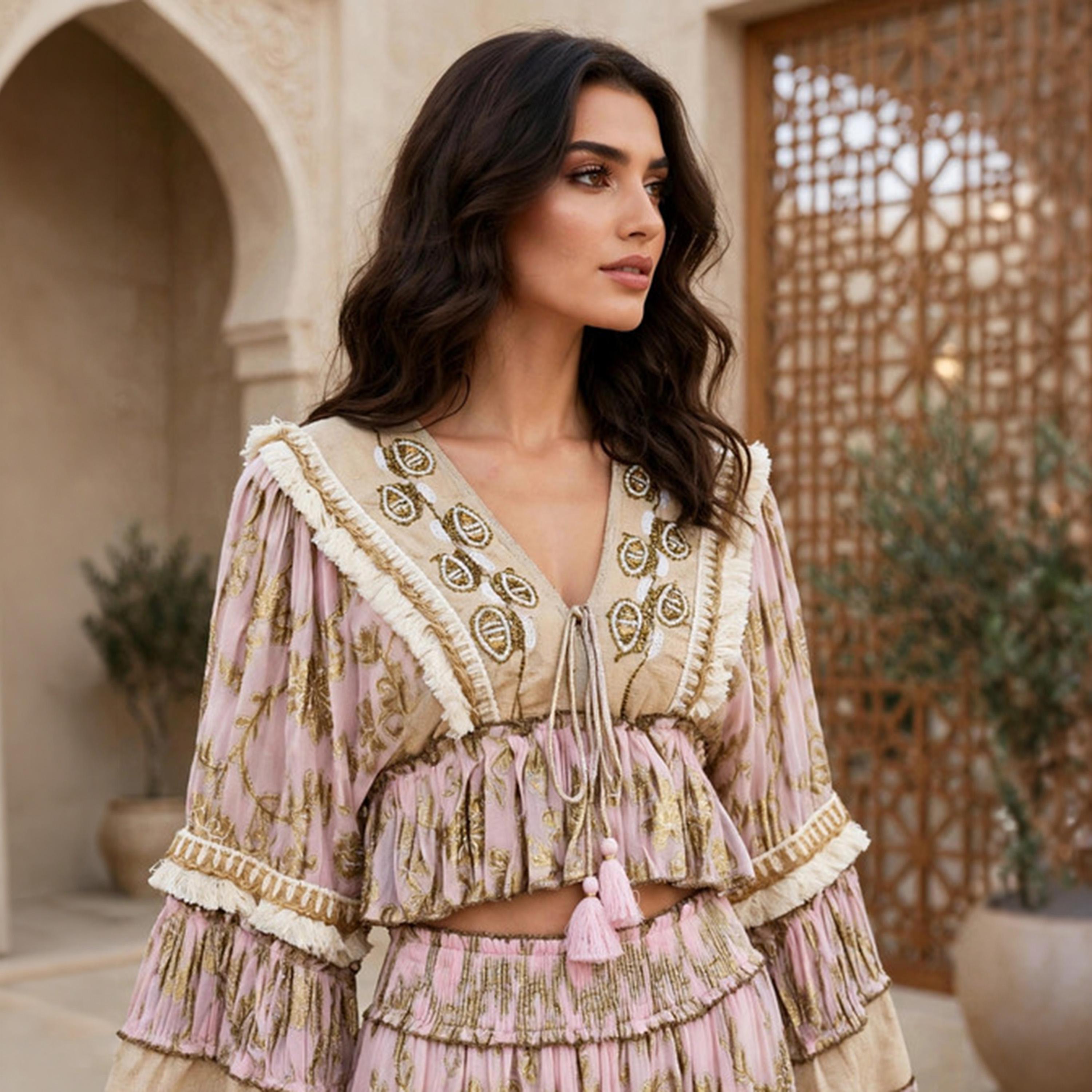 IKKXA 2-Piece Foil Leaf Print Bell Sleeves Women's Peplum Top & Flared Skirt Set-women-arabicclothing-sets-image-7