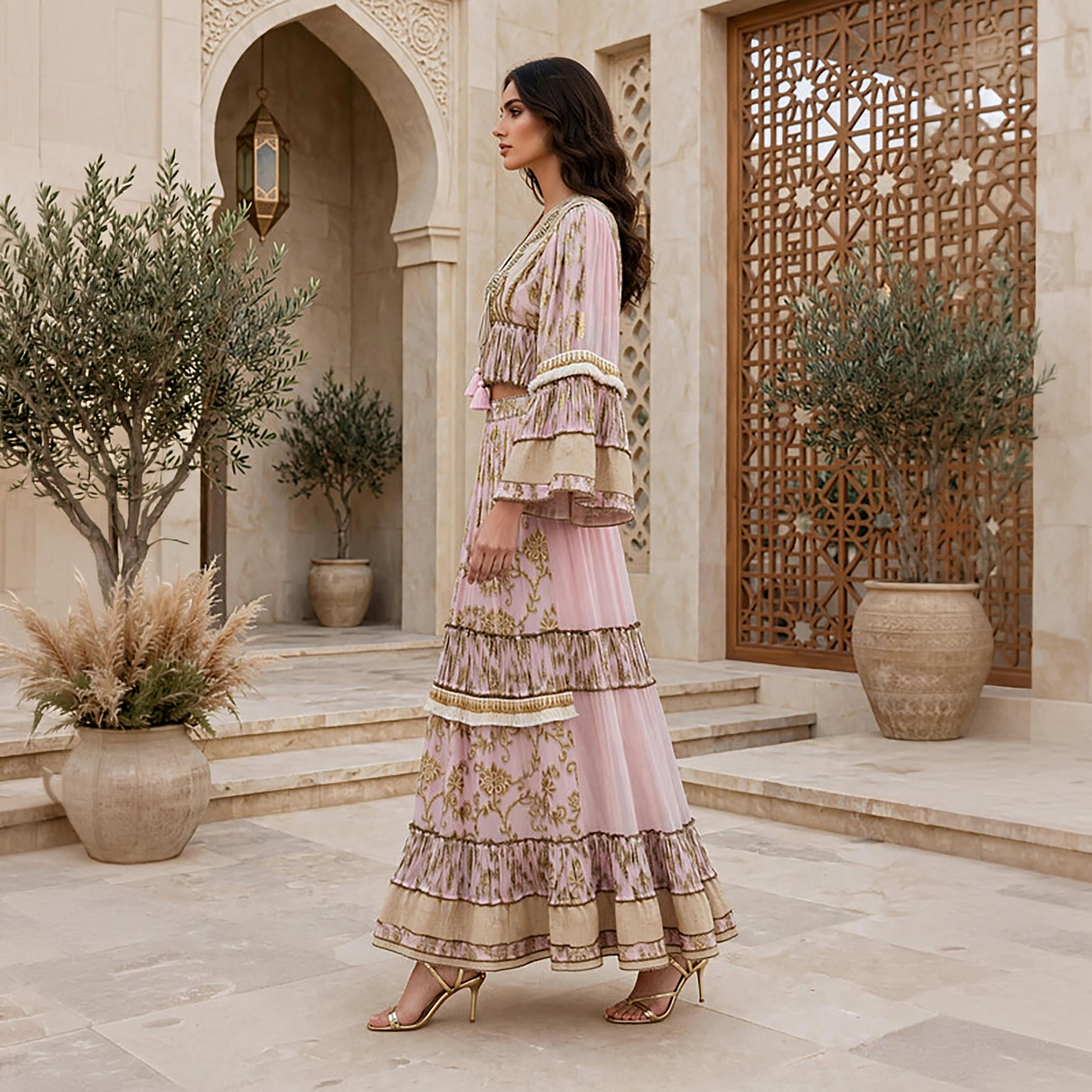 IKKXA 2-Piece Foil Leaf Print Bell Sleeves Women's Peplum Top & Flared Skirt Set-women-arabicclothing-sets-image-8