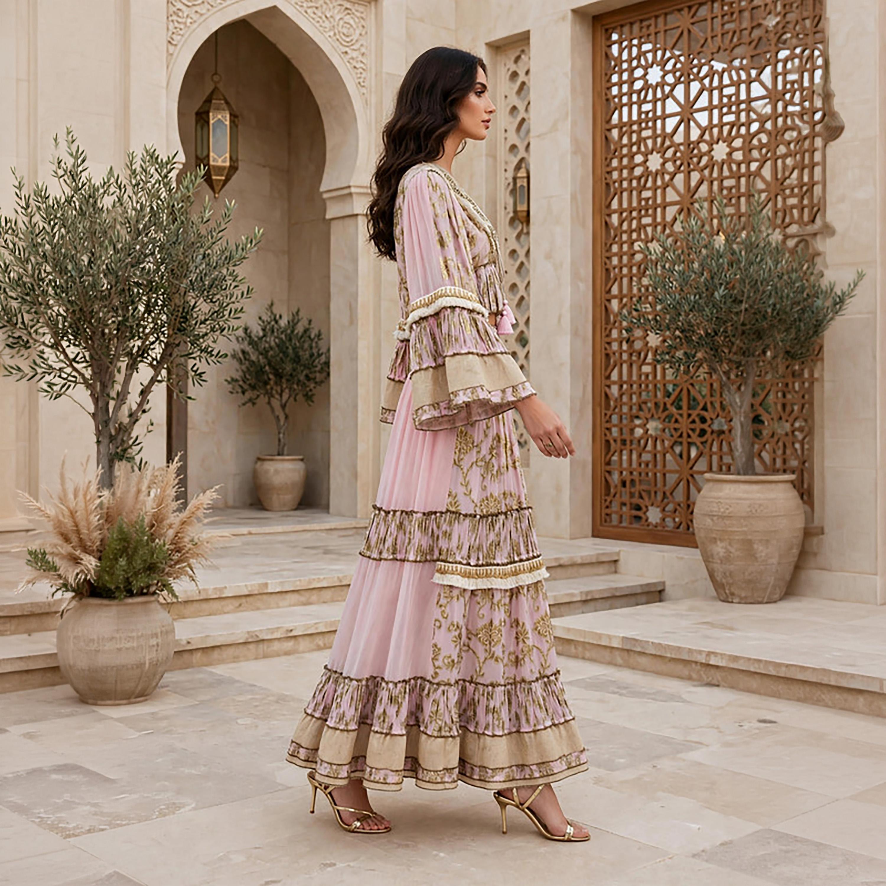 IKKXA 2-Piece Foil Leaf Print Bell Sleeves Women's Peplum Top & Flared Skirt Set-women-arabicclothing-sets-image-9