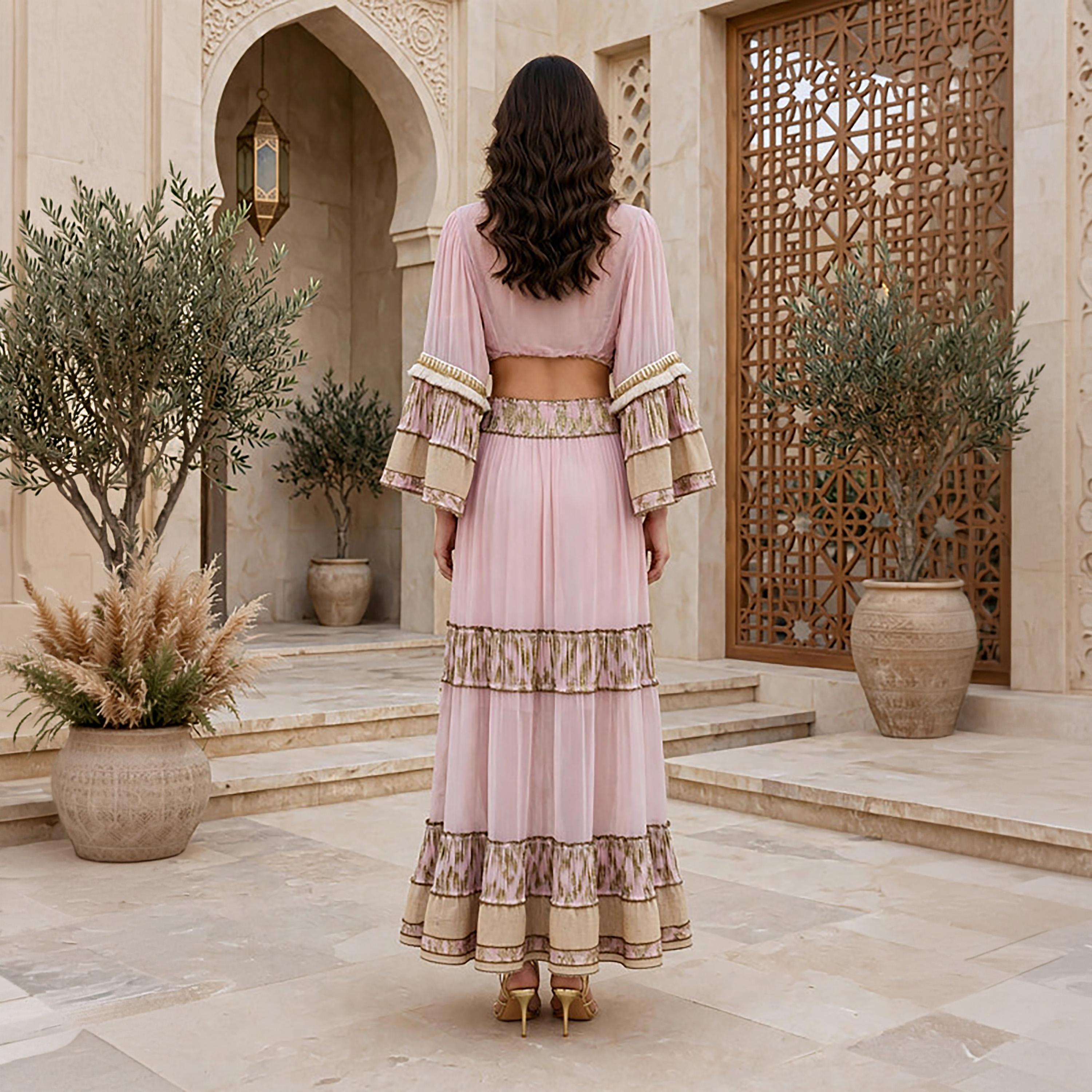 IKKXA 2-Piece Foil Leaf Print Bell Sleeves Women's Peplum Top & Flared Skirt Set-women-arabicclothing-sets-image-10