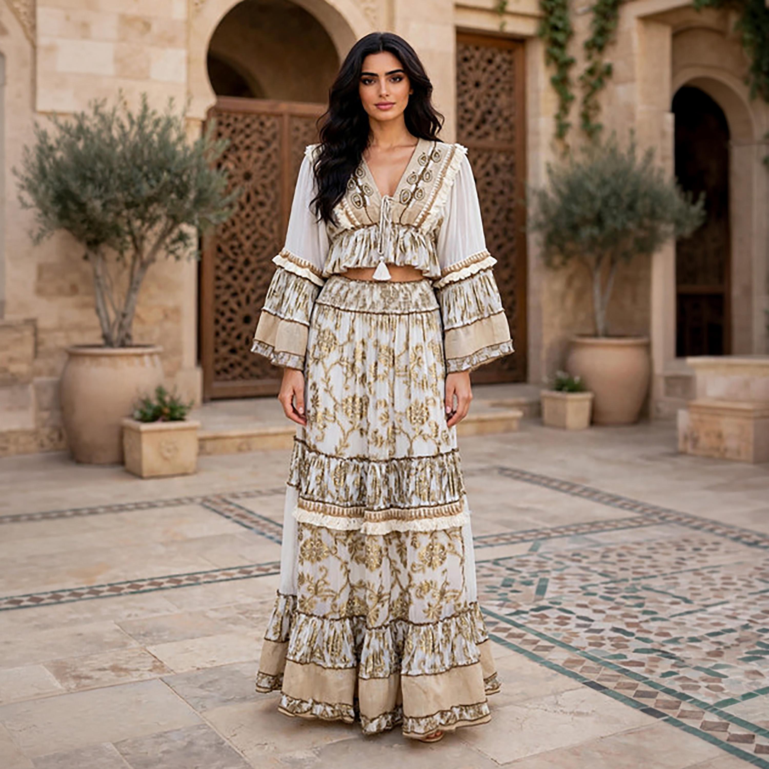 IKKXA 2-Piece Foil Leaf Print Bell Sleeves Women's Peplum Top & Flared Skirt Set-women-arabicclothing-sets-image-11