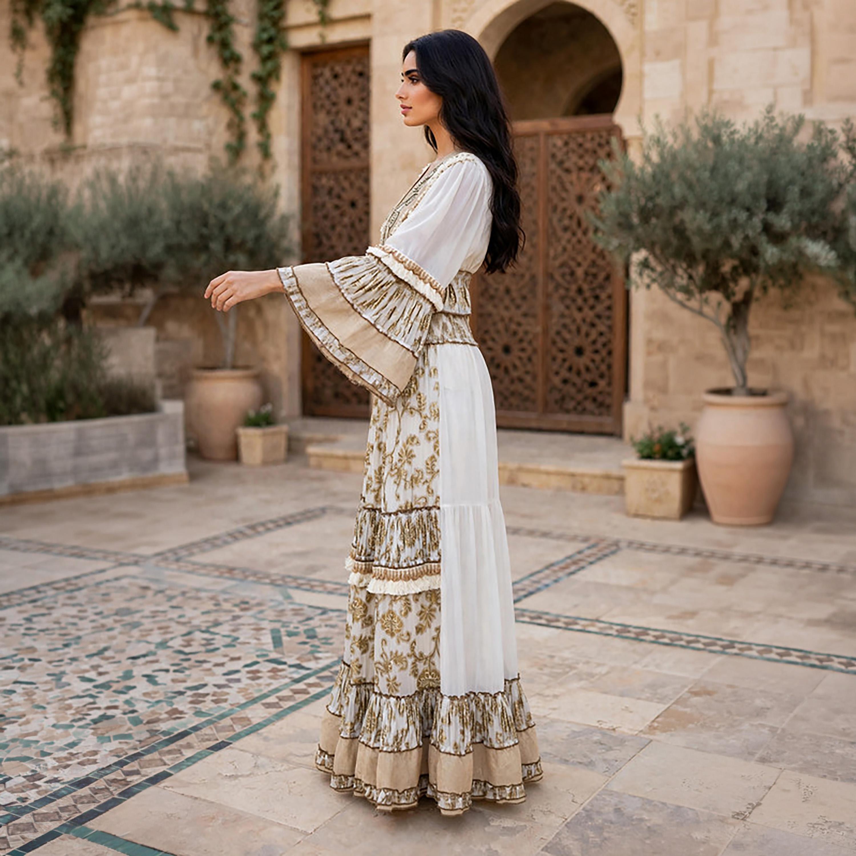 IKKXA 2-Piece Foil Leaf Print Bell Sleeves Women's Peplum Top & Flared Skirt Set-women-arabicclothing-sets-image-3