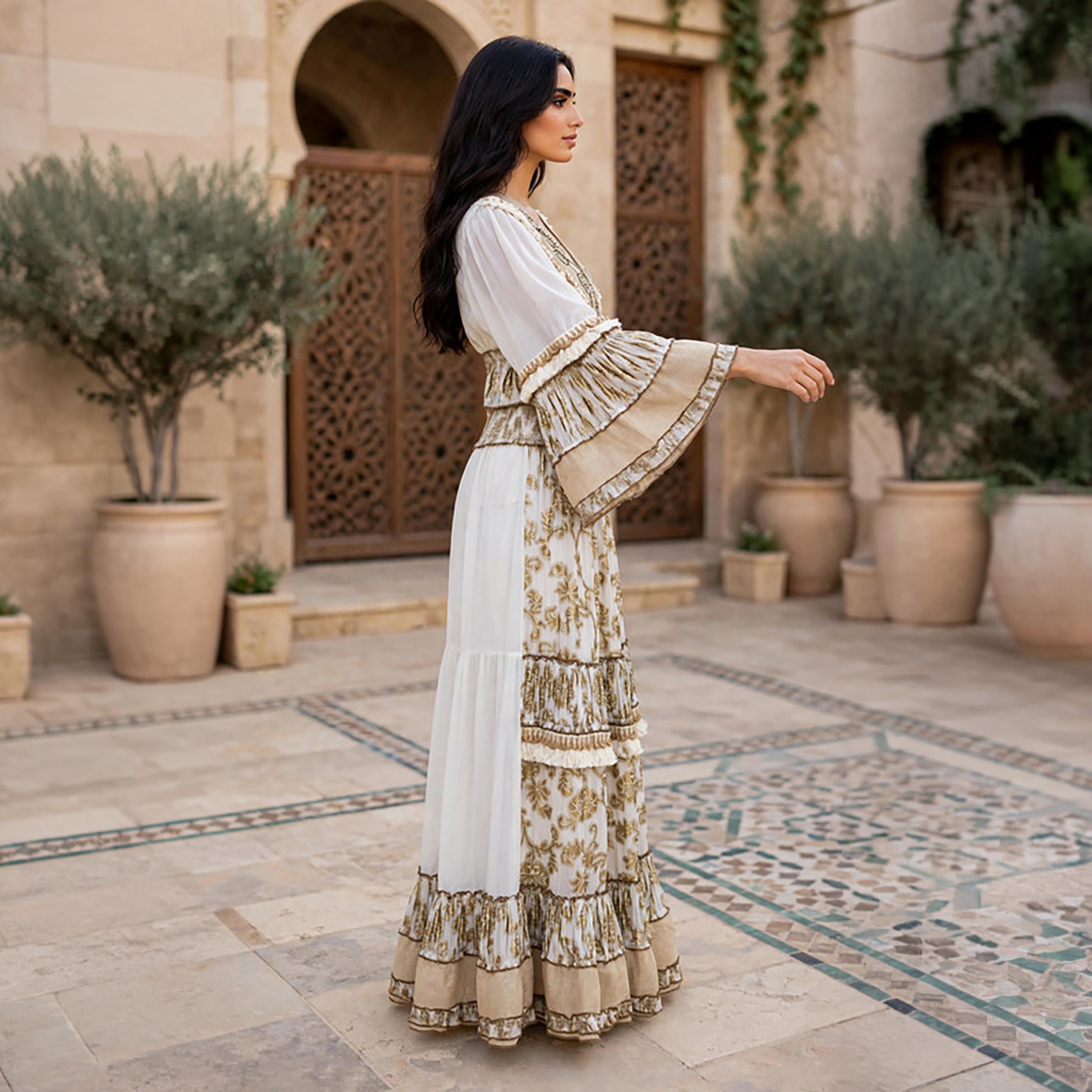 IKKXA 2-Piece Foil Leaf Print Bell Sleeves Women's Peplum Top & Flared Skirt Set-women-arabicclothing-sets-image-14