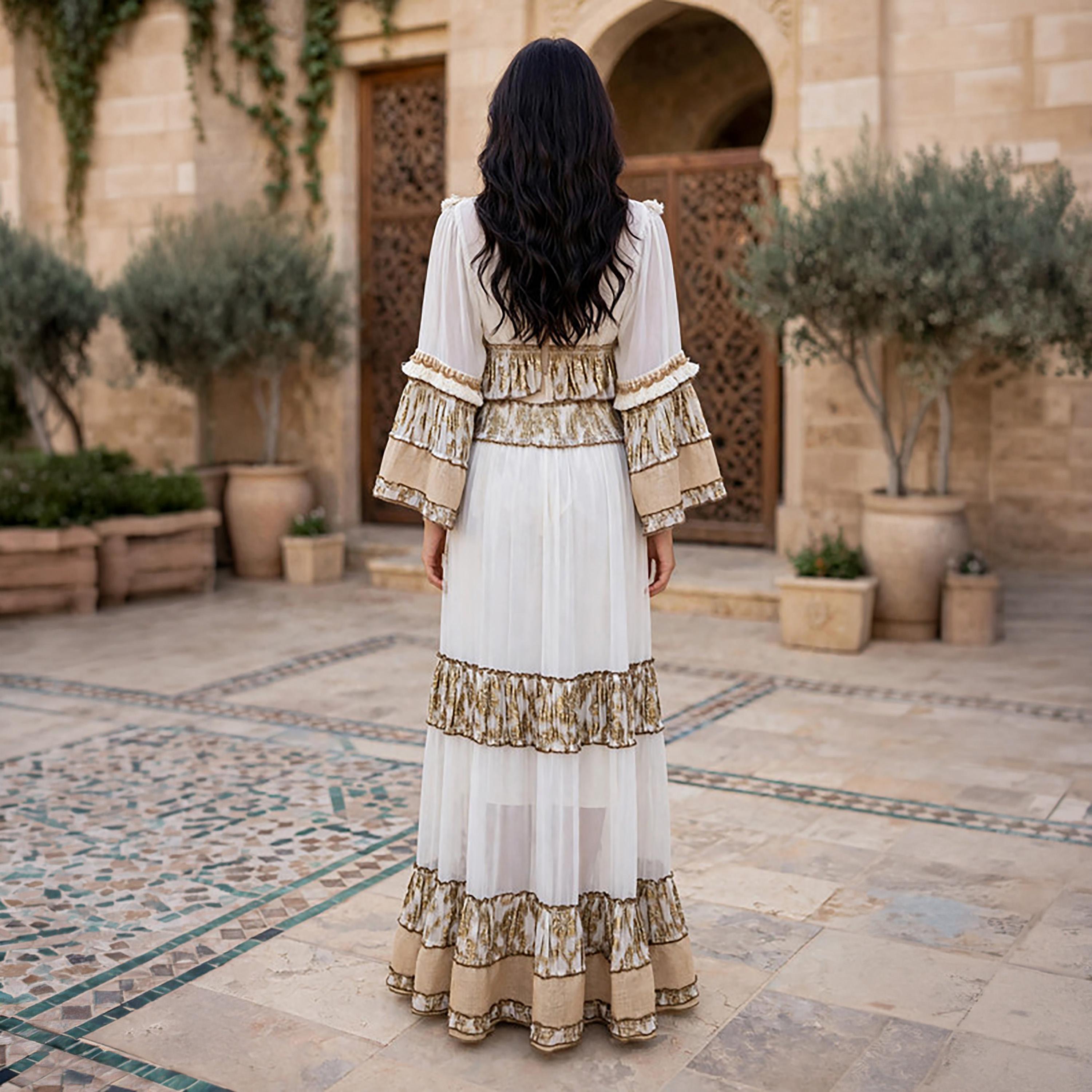 IKKXA 2-Piece Foil Leaf Print Bell Sleeves Women's Peplum Top & Flared Skirt Set-women-arabicclothing-sets-image-5