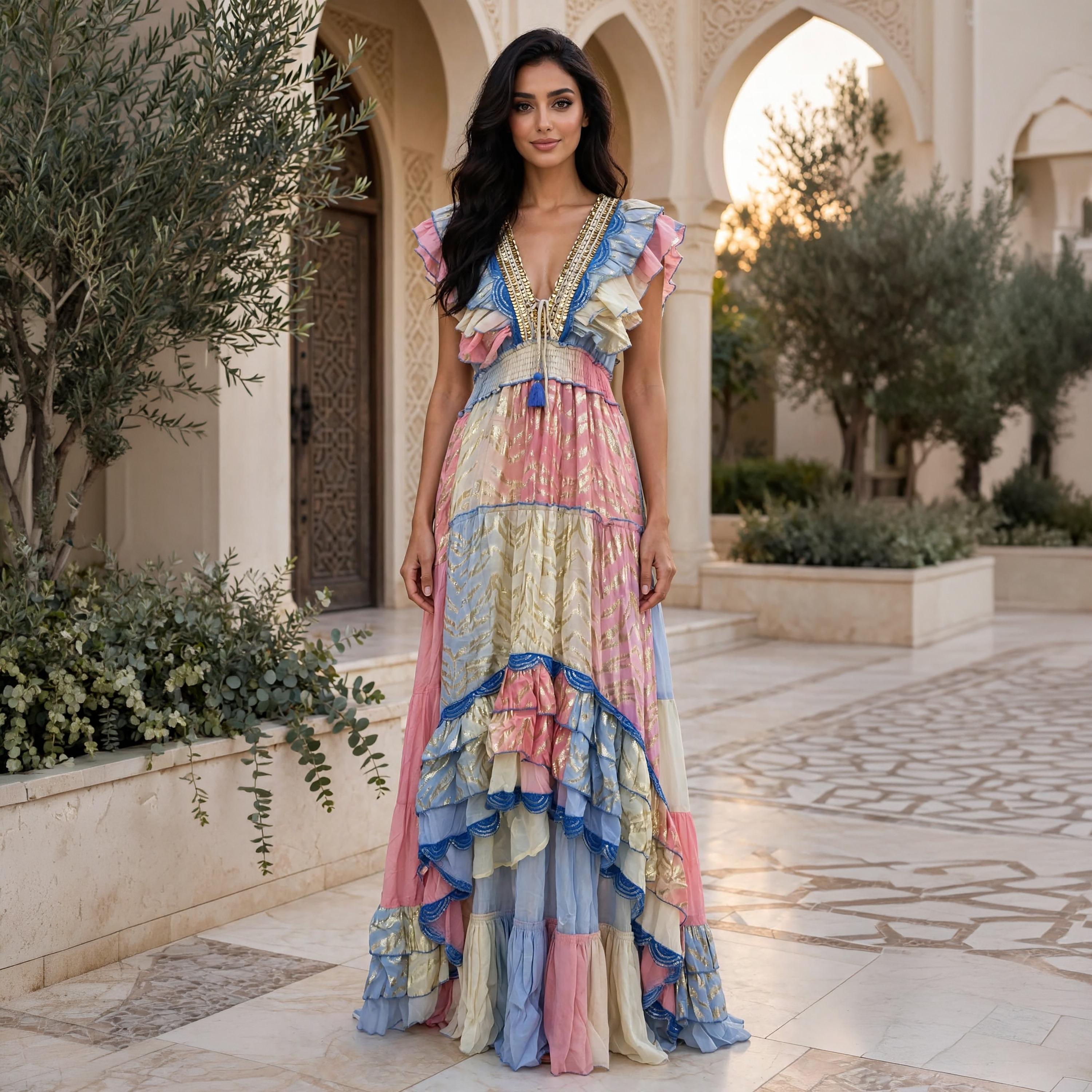 جلابية سهرة حريمي متعددة الطبقات مكشوفة الأكتاف بكشكشة ولمعة معدنية من إككسا-women-arabicclothing-jalabiyas-image-1