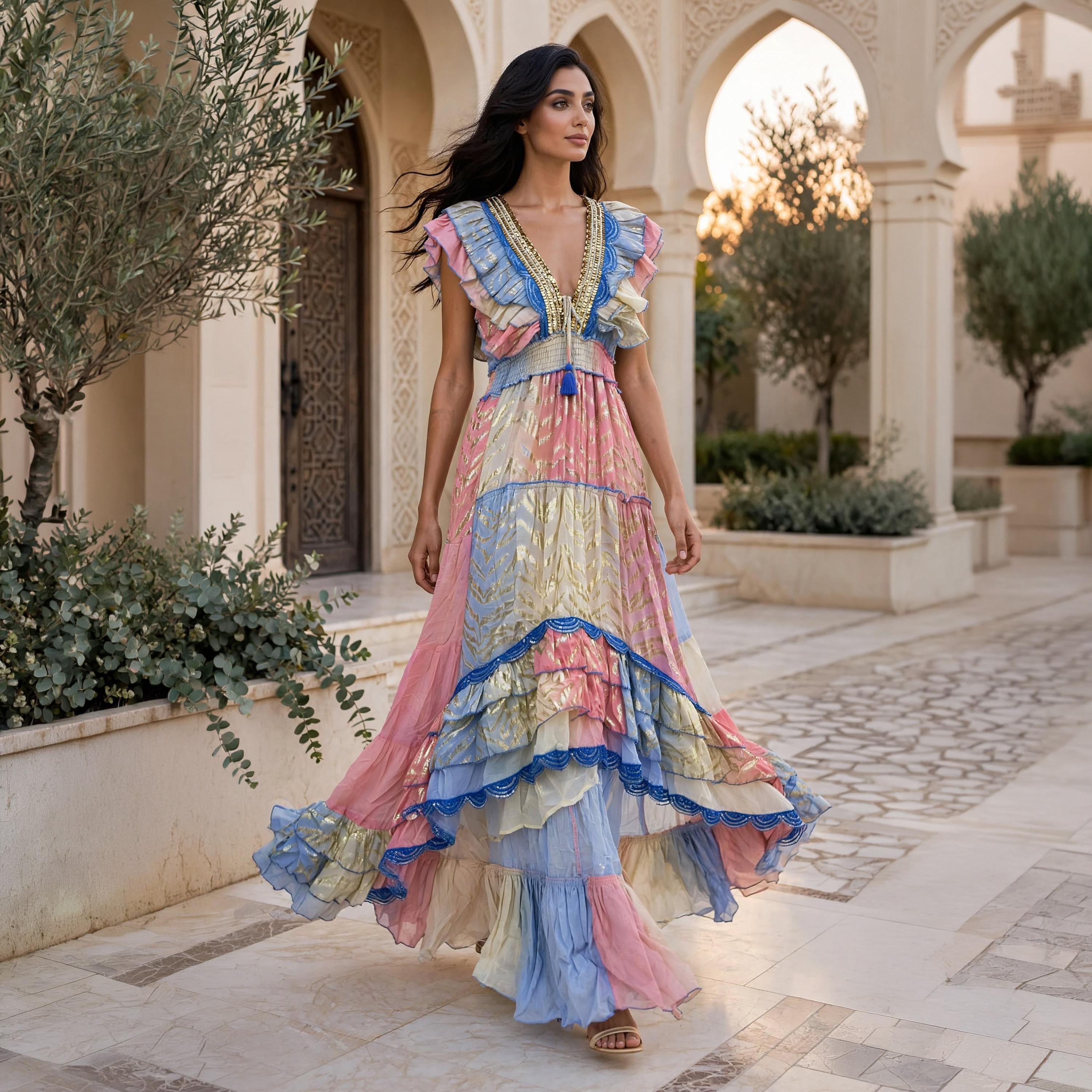 جلابية سهرة حريمي متعددة الطبقات مكشوفة الأكتاف بكشكشة ولمعة معدنية من إككسا-women-arabicclothing-jalabiyas-image-3