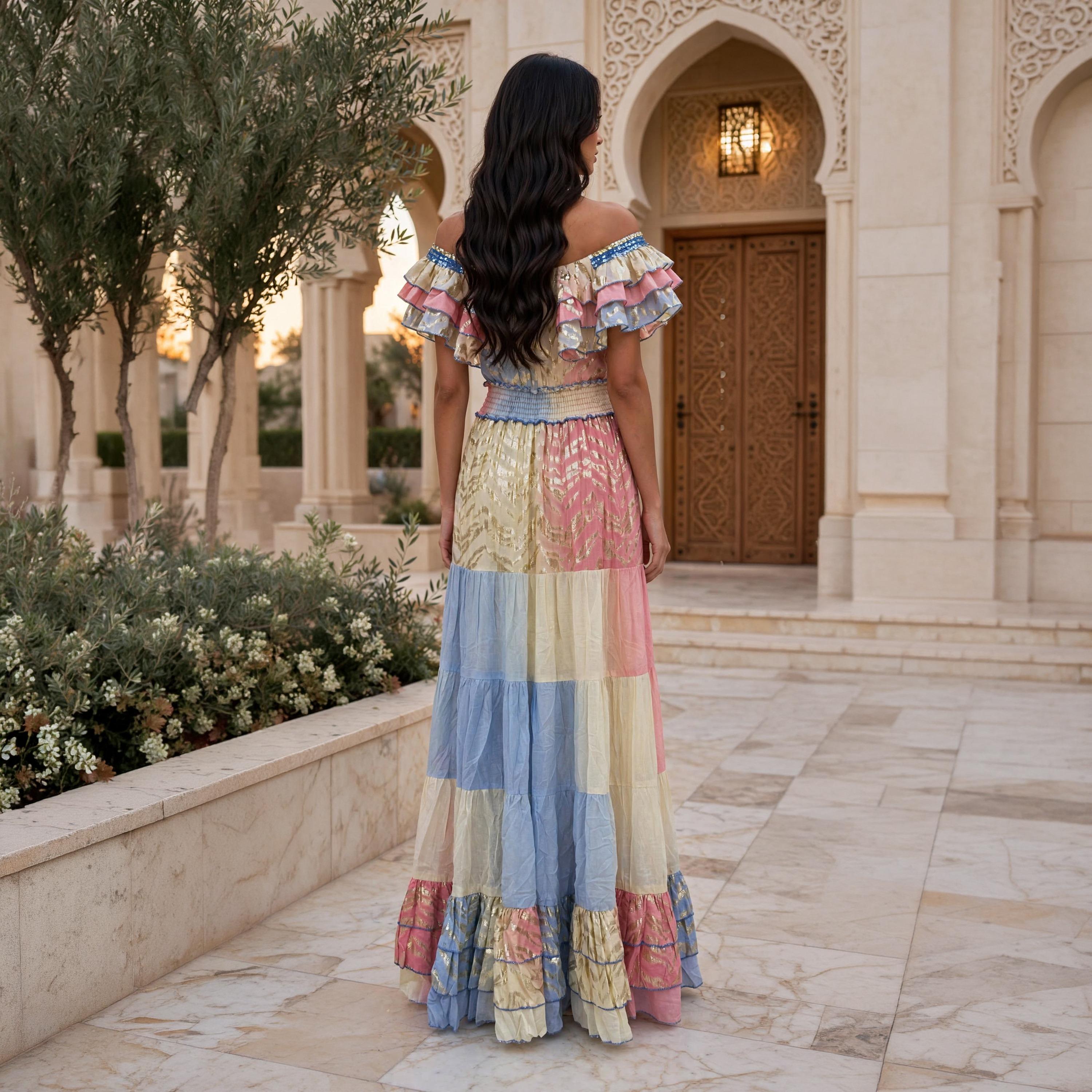 IKKXA Ruffle Metallic Off-Shoulder Women's Evening Tiered Jalabiya-women-arabicclothing-jalabiyas-image-4