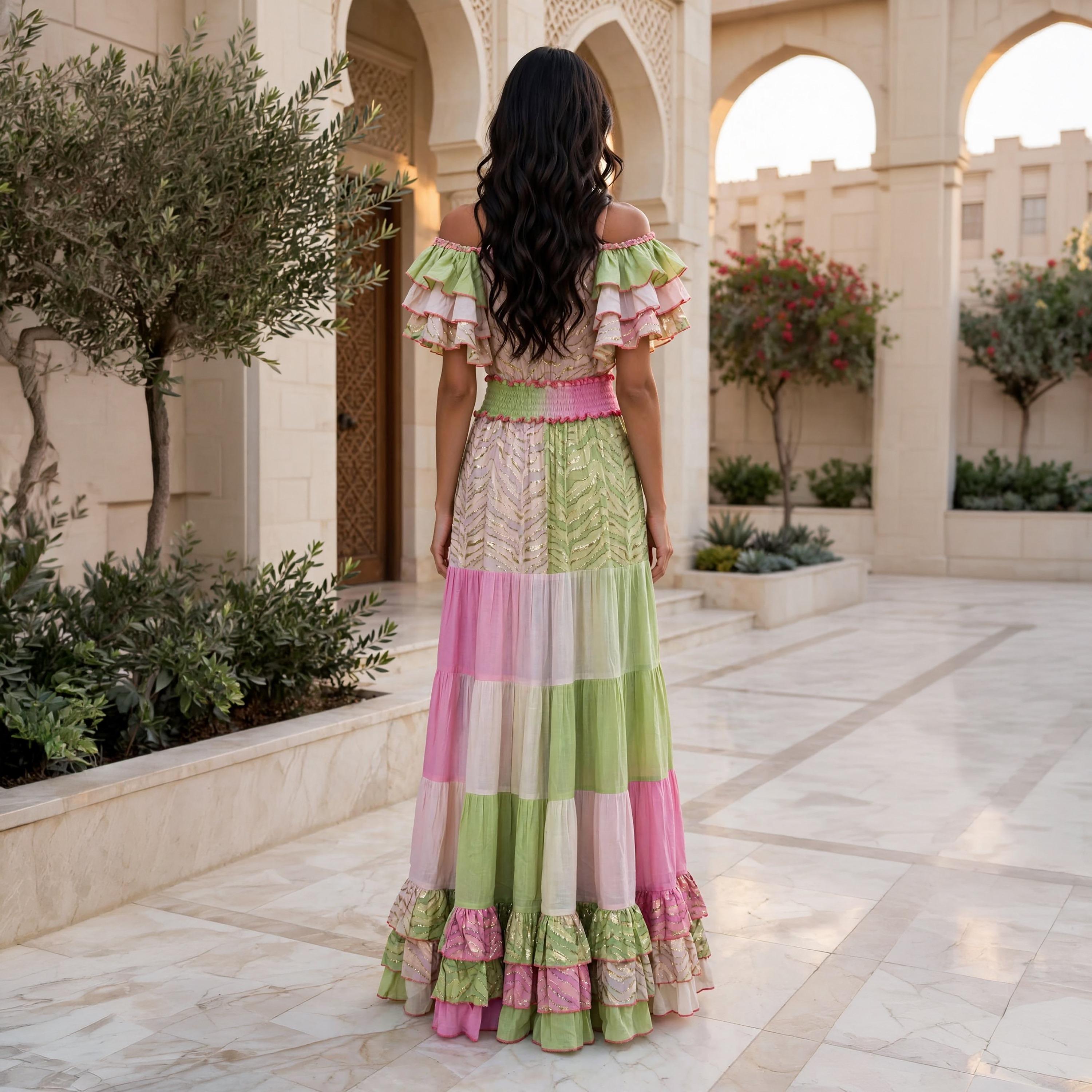 IKKXA Ruffle Metallic Off-Shoulder Women's Evening Tiered Jalabiya-women-arabicclothing-jalabiyas-image-4