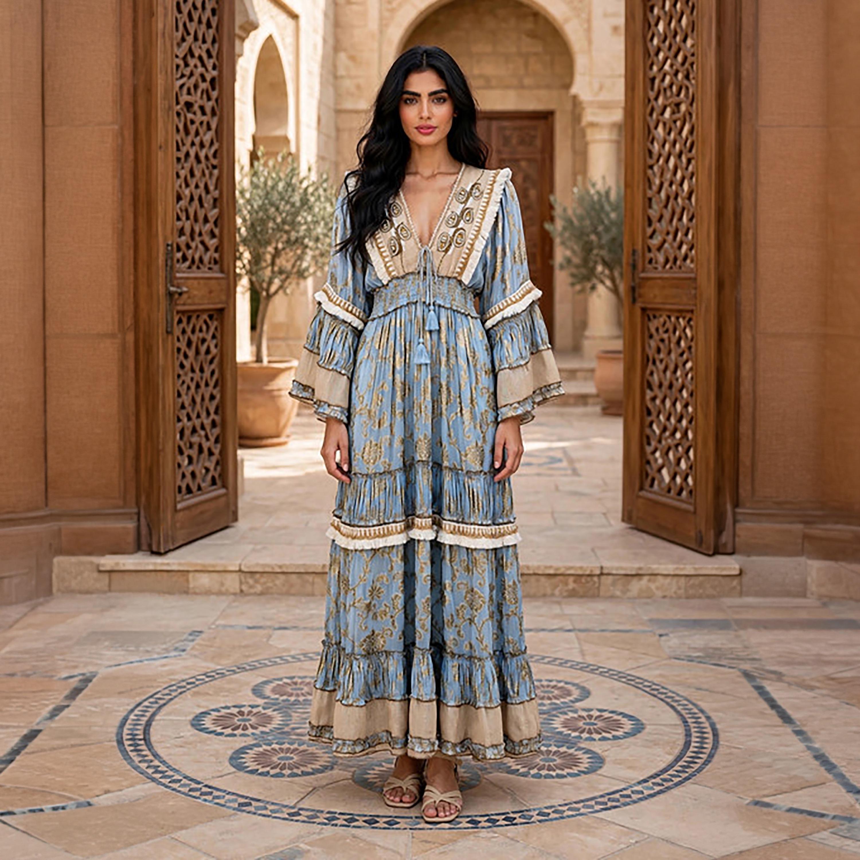 IKKXA Foil Smocked Floral Print Bell Sleeve Women's Tiered Jalabiya-women-arabicclothing-jalabiyas-image-1