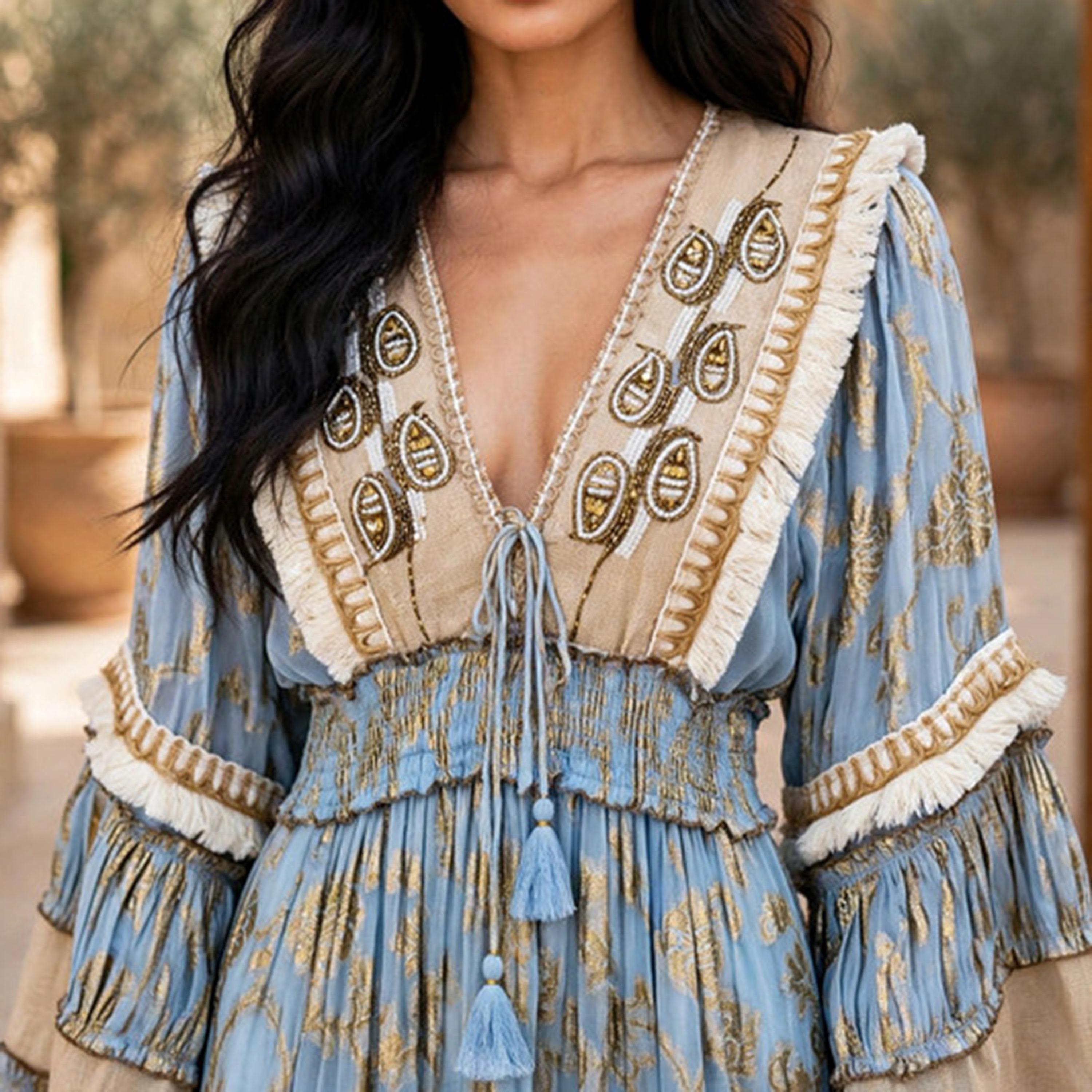 IKKXA Foil Smocked Floral Print Bell Sleeve Women's Tiered Jalabiya-women-arabicclothing-jalabiyas-image-2