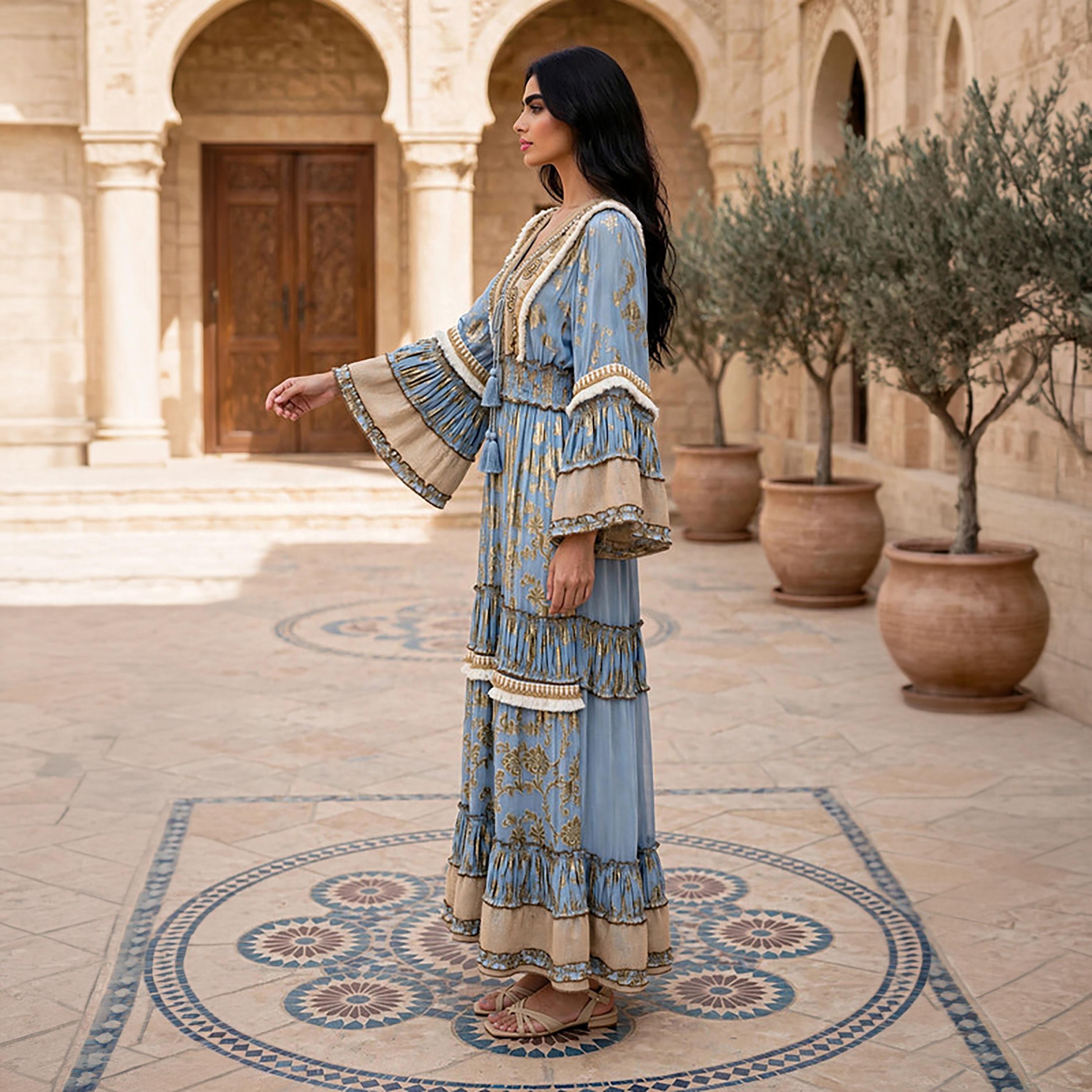 IKKXA Foil Smocked Floral Print Bell Sleeve Women's Tiered Jalabiya-women-arabicclothing-jalabiyas-image-3