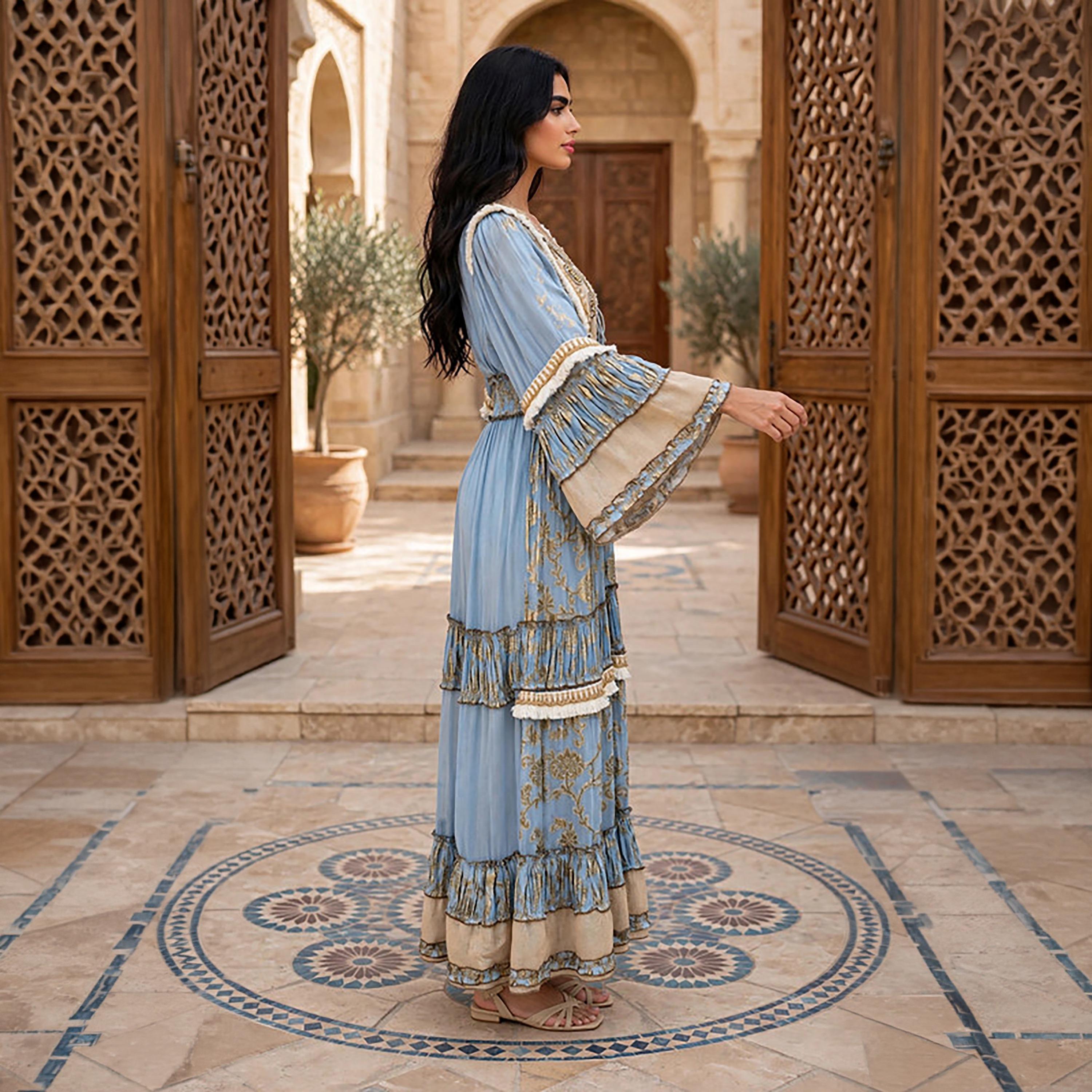 IKKXA Foil Smocked Floral Print Bell Sleeve Women's Tiered Jalabiya-women-arabicclothing-jalabiyas-image-4