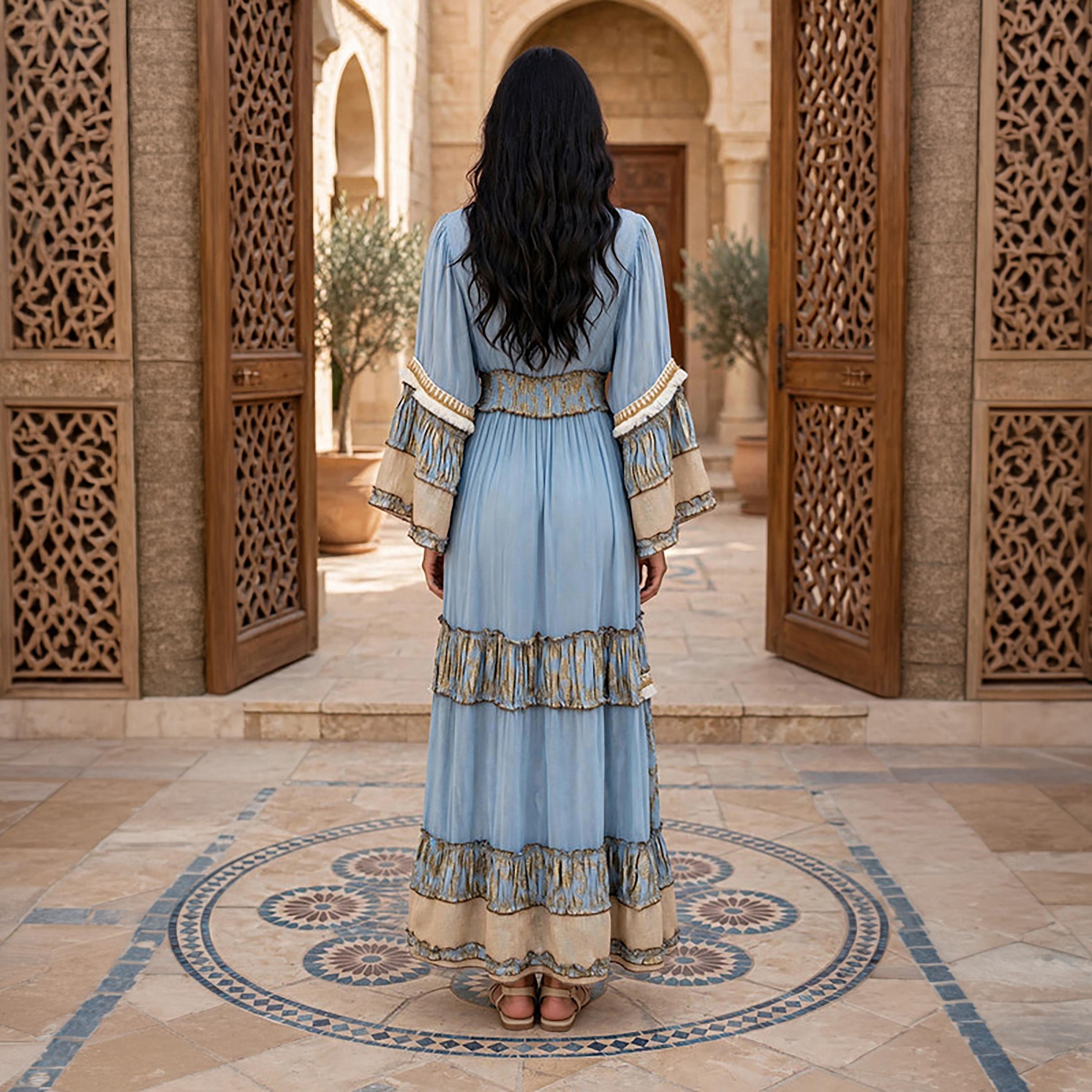 IKKXA Foil Smocked Floral Print Bell Sleeve Women's Tiered Jalabiya-women-arabicclothing-jalabiyas-image-5