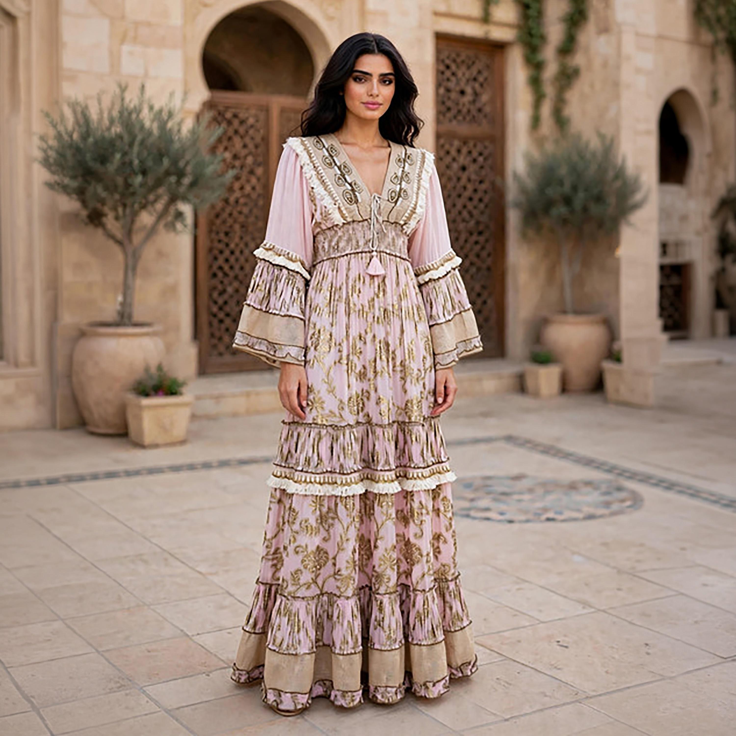 IKKXA Foil Smocked Floral Print Bell Sleeve Women's Tiered Jalabiya-women-arabicclothing-jalabiyas-image-6