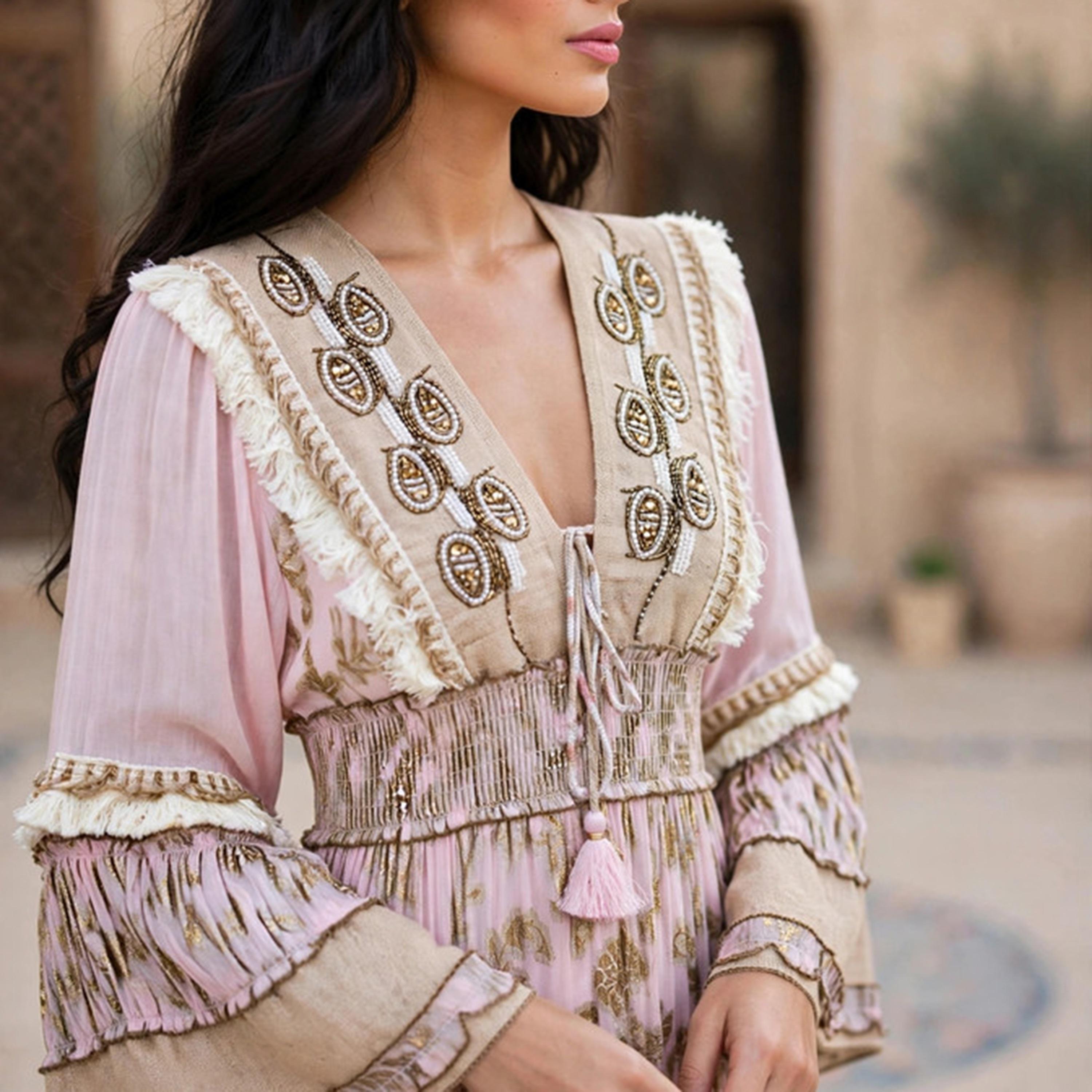 IKKXA Foil Smocked Floral Print Bell Sleeve Women's Tiered Jalabiya-women-arabicclothing-jalabiyas-image-7