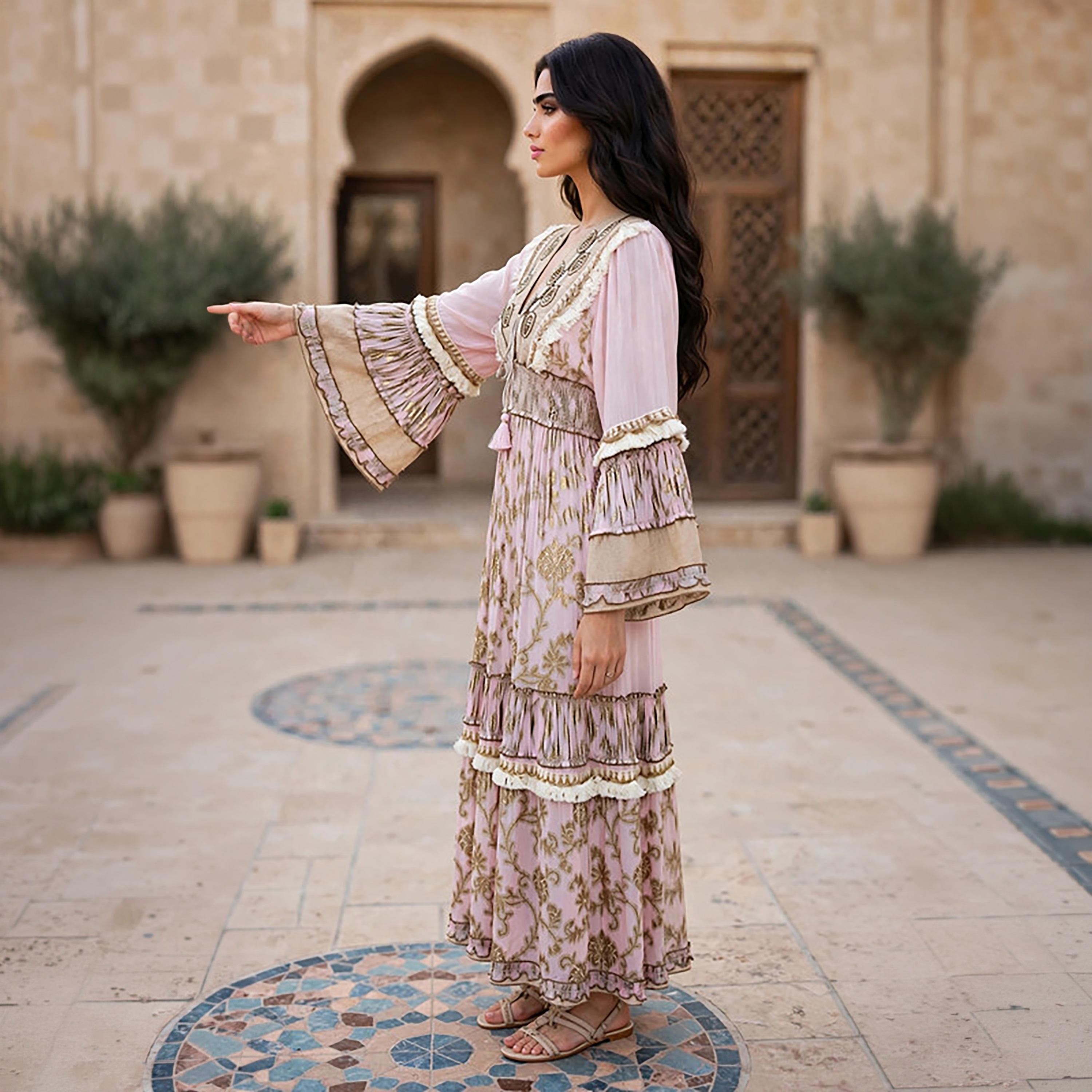 IKKXA Foil Smocked Floral Print Bell Sleeve Women's Tiered Jalabiya-women-arabicclothing-jalabiyas-image-8