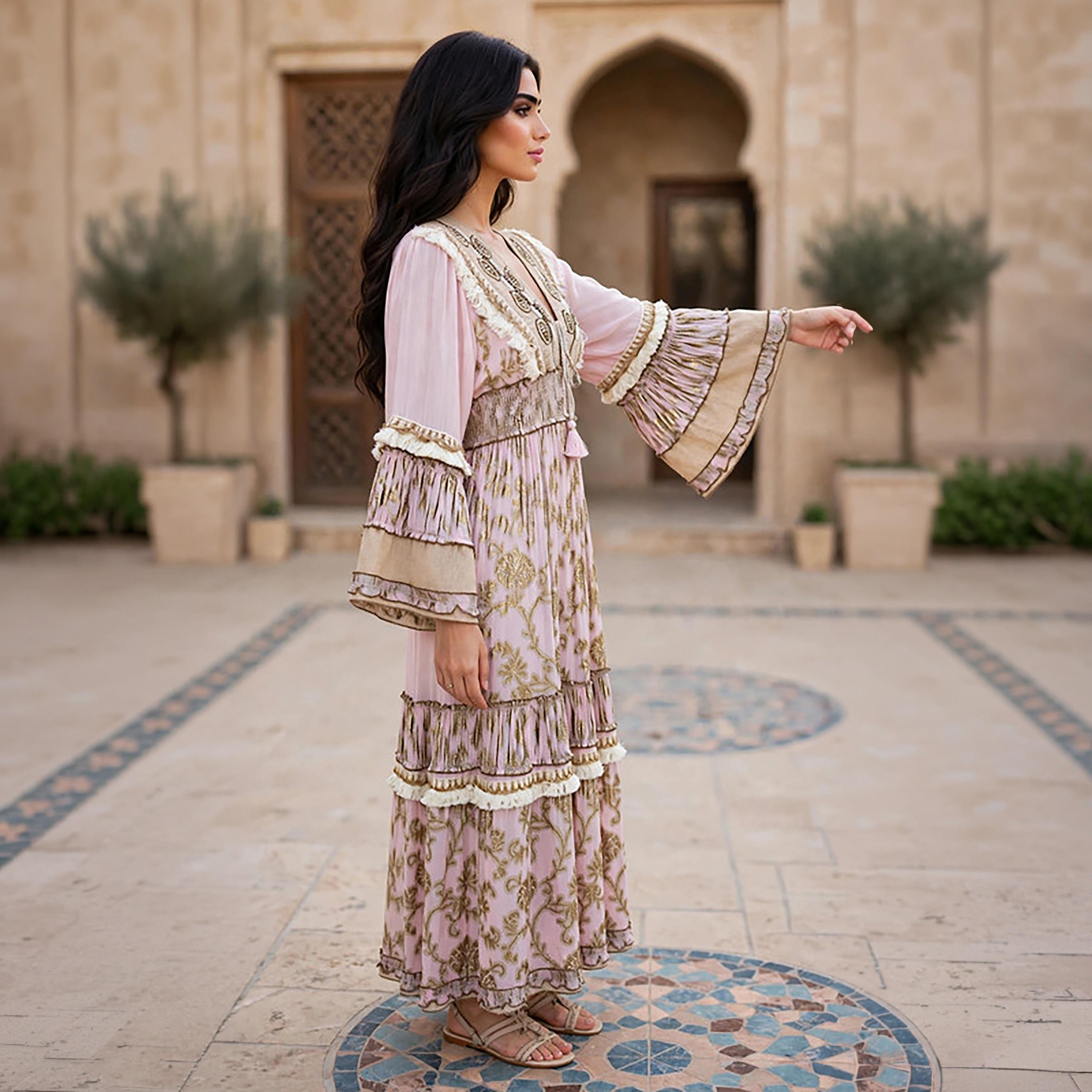 IKKXA Foil Smocked Floral Print Bell Sleeve Women's Tiered Jalabiya-women-arabicclothing-jalabiyas-image-9