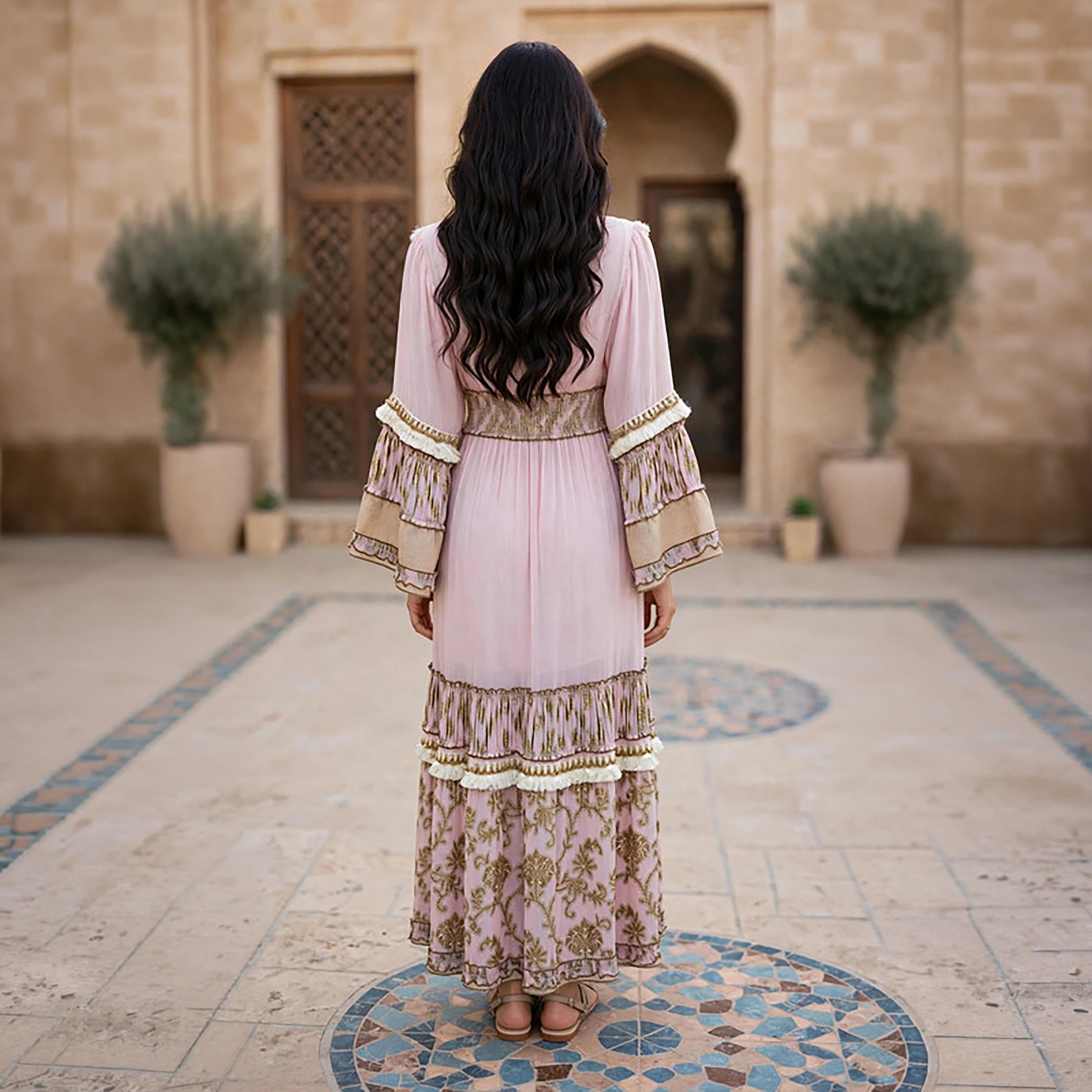 IKKXA Foil Smocked Floral Print Bell Sleeve Women's Tiered Jalabiya-women-arabicclothing-jalabiyas-image-10