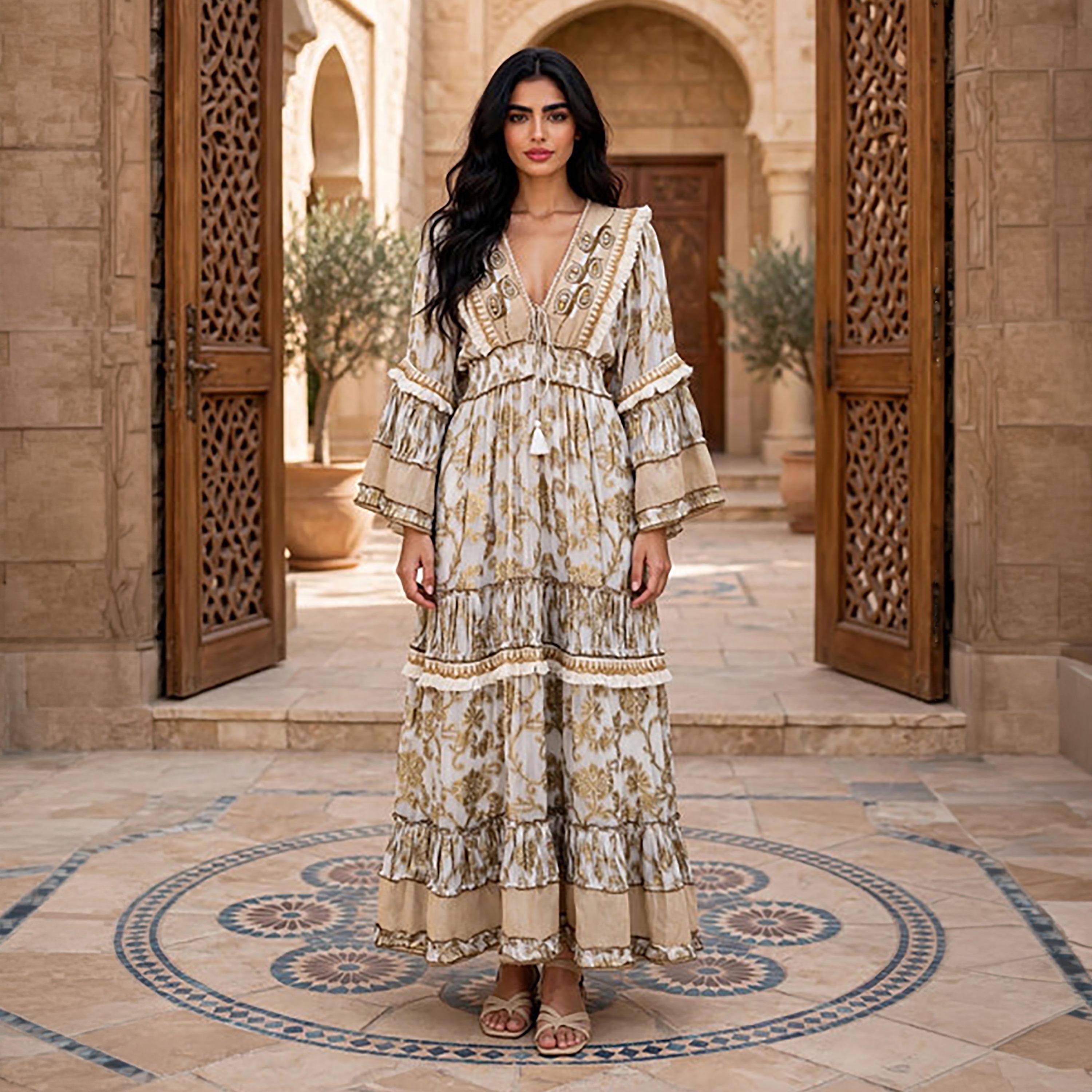 IKKXA Foil Smocked Floral Print Bell Sleeve Women's Tiered Jalabiya-women-arabicclothing-jalabiyas-image-1