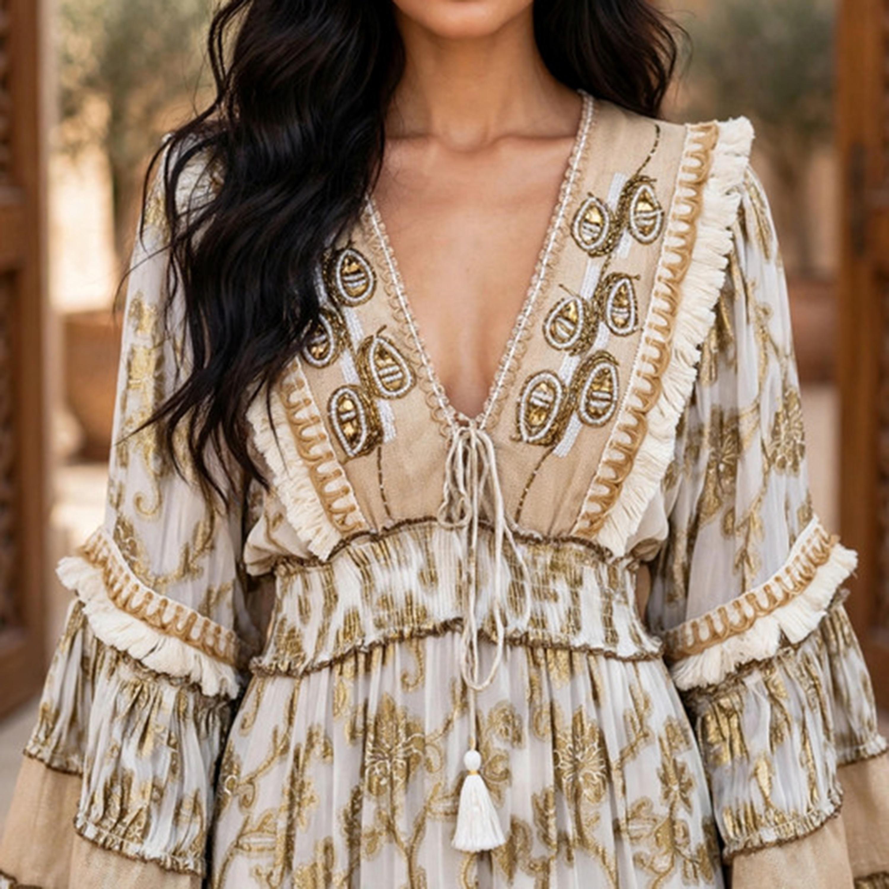 IKKXA Foil Smocked Floral Print Bell Sleeve Women's Tiered Jalabiya-women-arabicclothing-jalabiyas-image-2