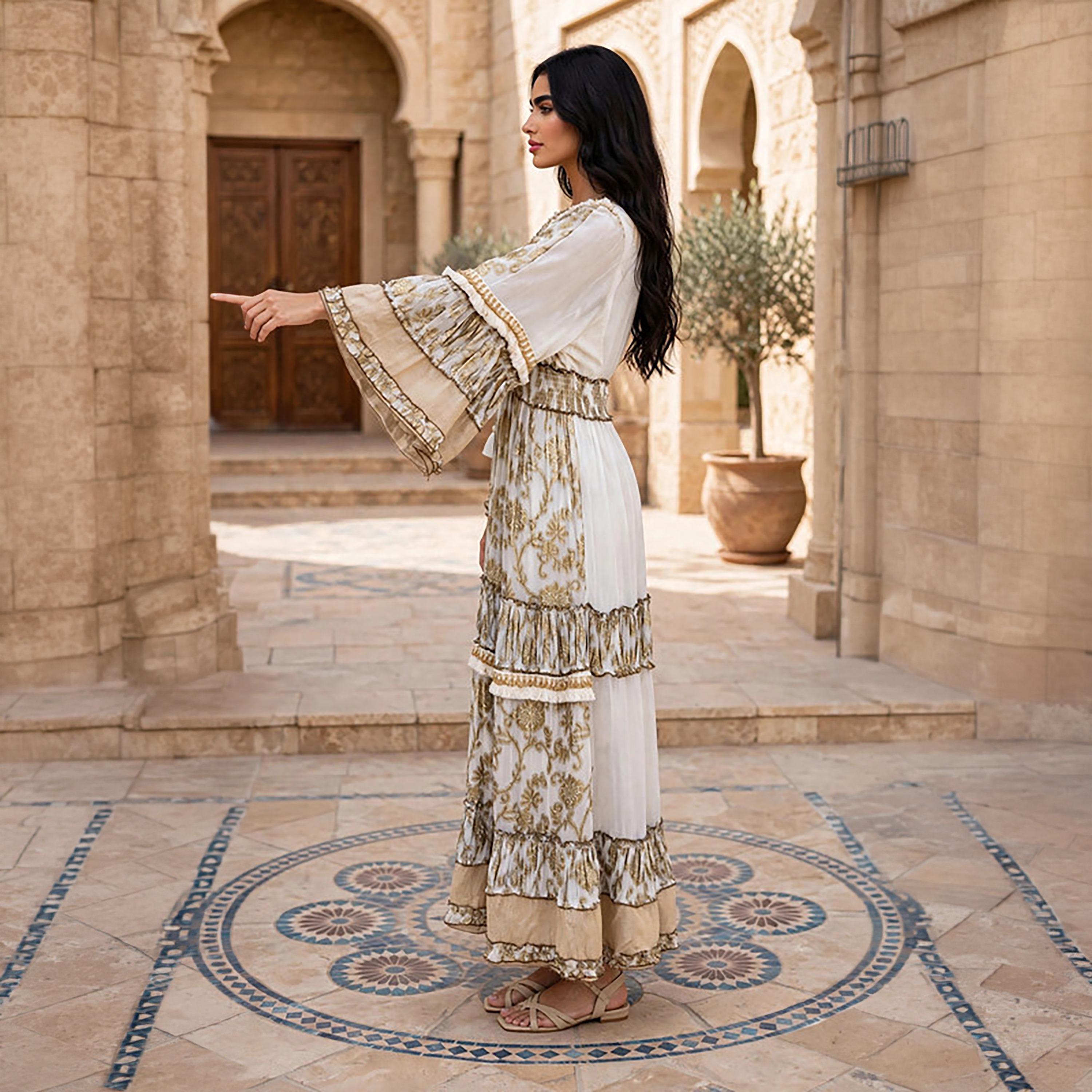 IKKXA Foil Smocked Floral Print Bell Sleeve Women's Tiered Jalabiya-women-arabicclothing-jalabiyas-image-13