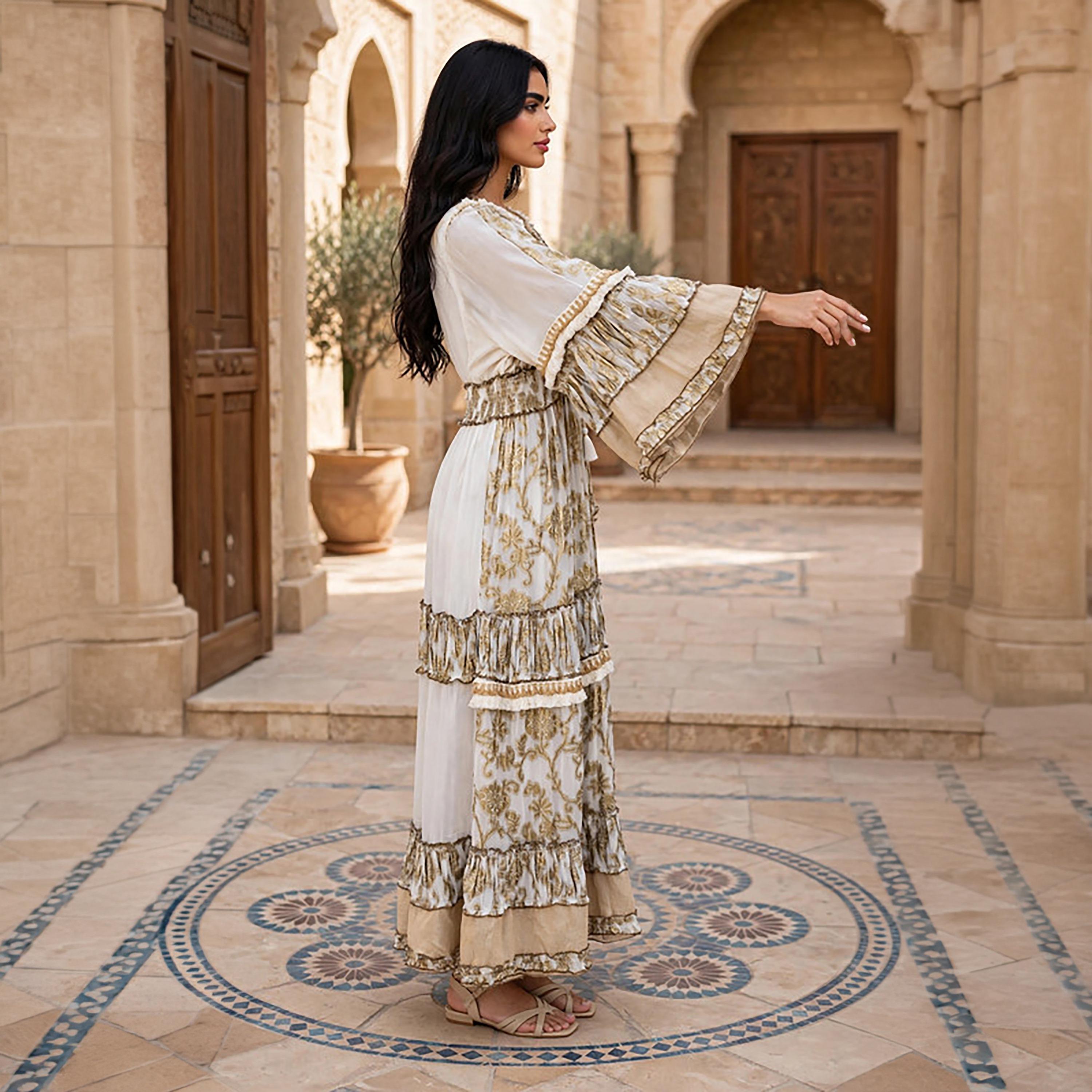 IKKXA Foil Smocked Floral Print Bell Sleeve Women's Tiered Jalabiya-women-arabicclothing-jalabiyas-image-14
