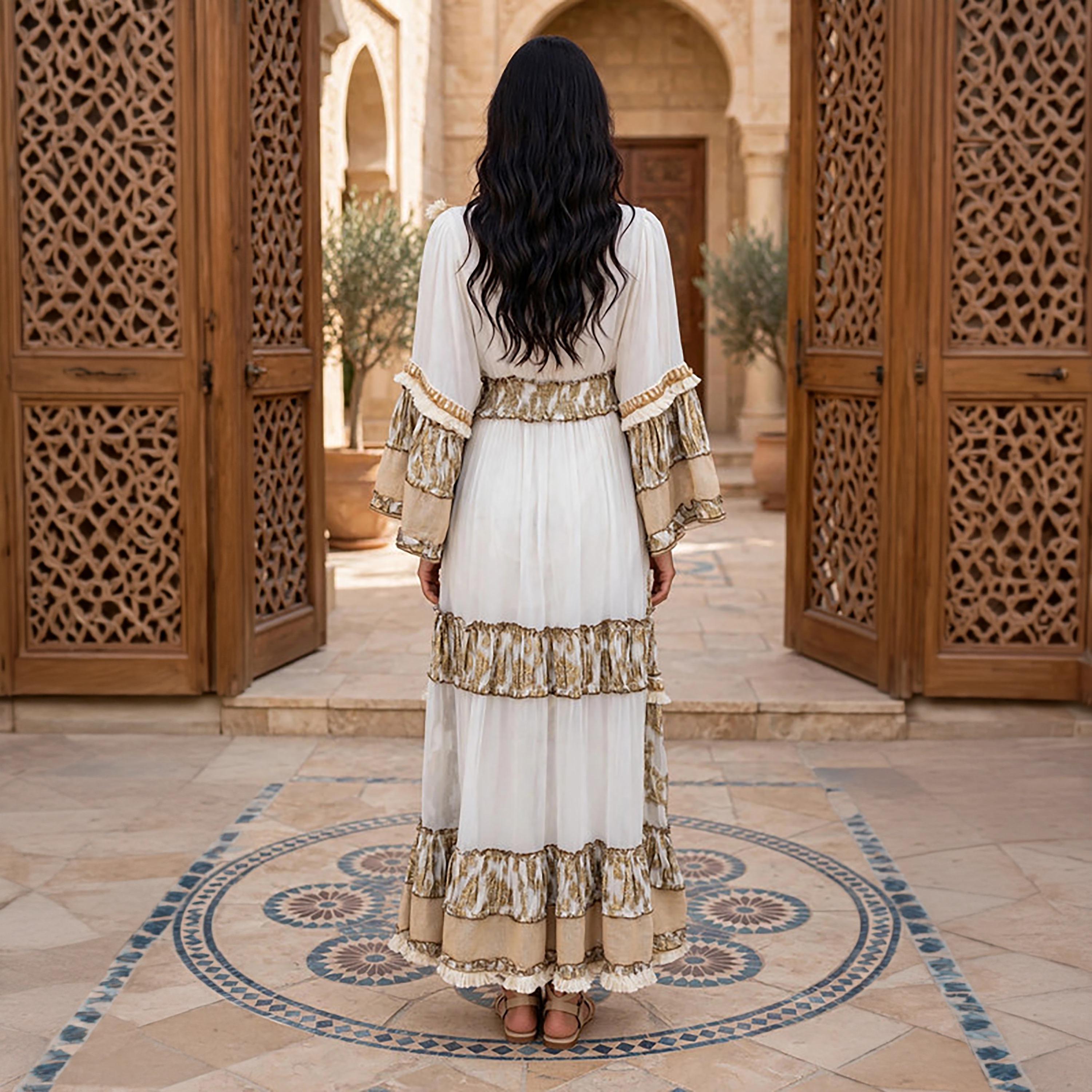 IKKXA Foil Smocked Floral Print Bell Sleeve Women's Tiered Jalabiya-women-arabicclothing-jalabiyas-image-15