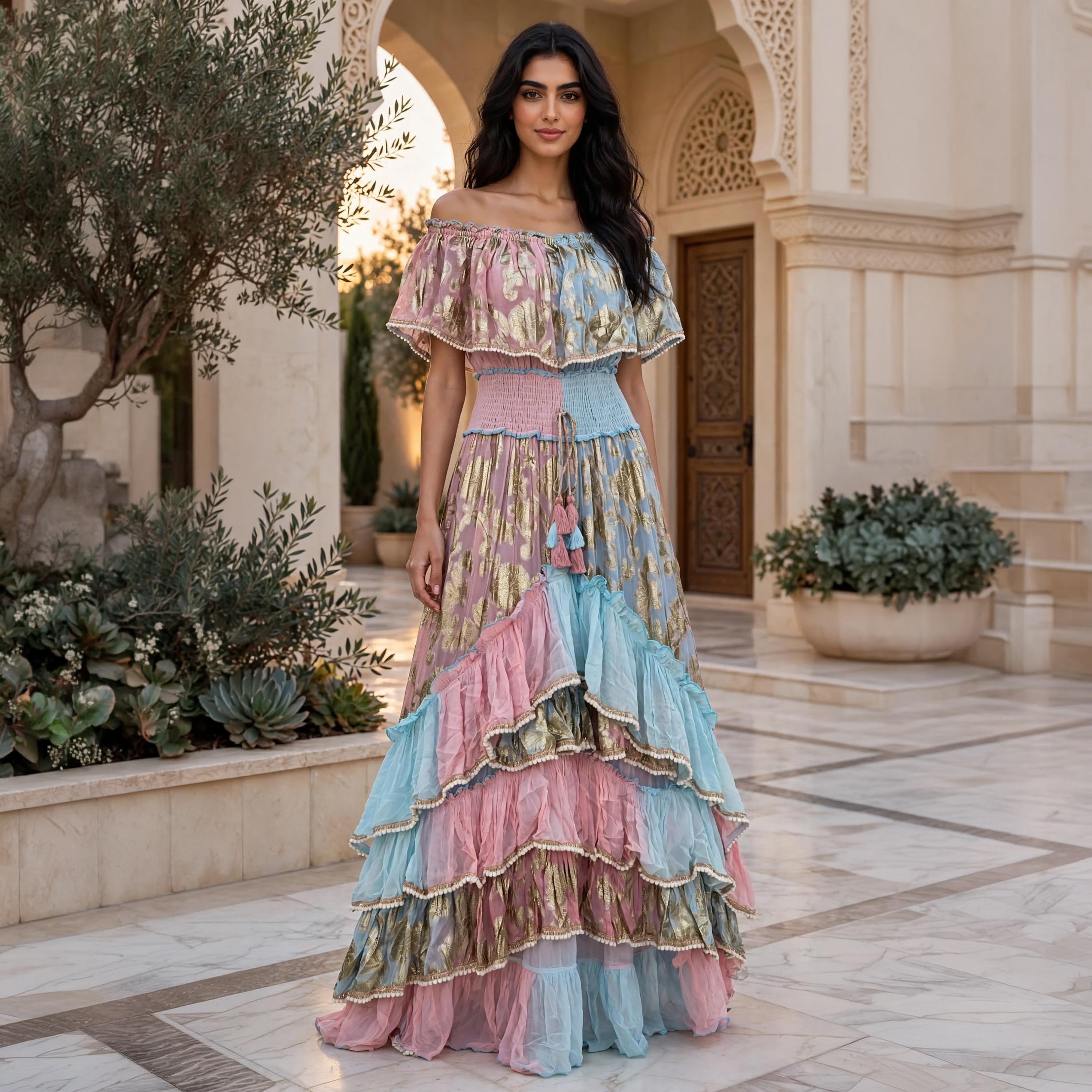 IKKXA Ruffled Metallic Floral Women's Evening Off-Shoulder Tiered Jalabiya-women-arabicclothing-jalabiyas-image-1