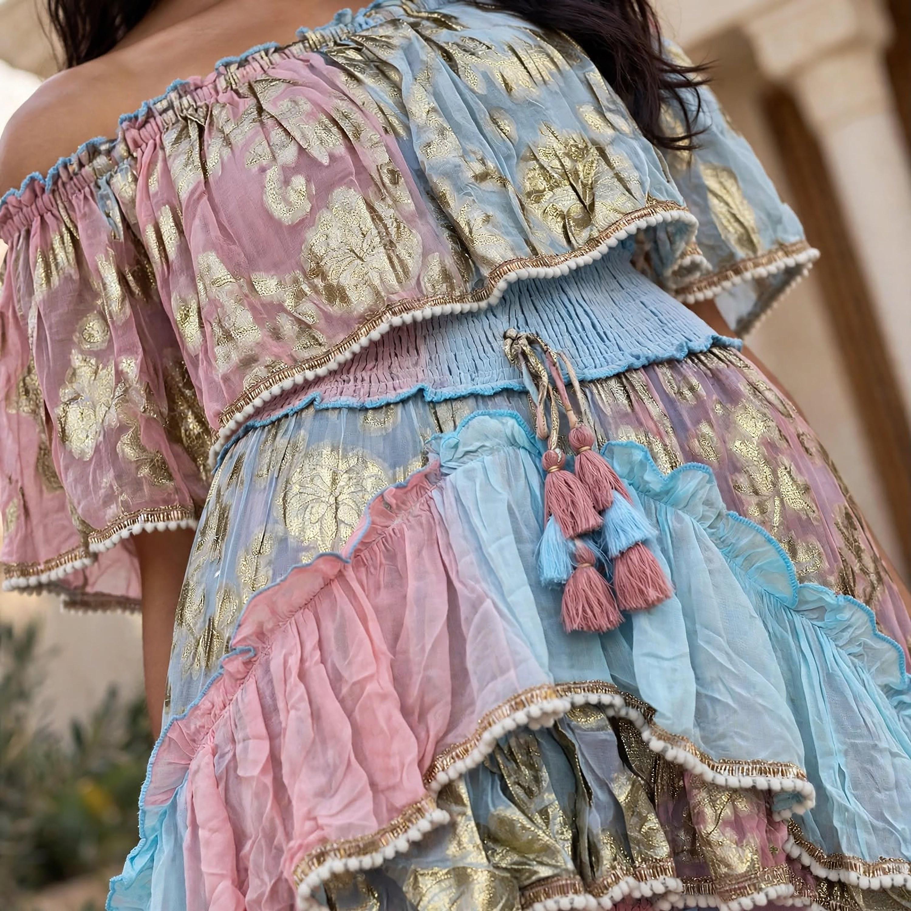IKKXA Ruffled Metallic Floral Women's Evening Off-Shoulder Tiered Jalabiya-women-arabicclothing-jalabiyas-image-2