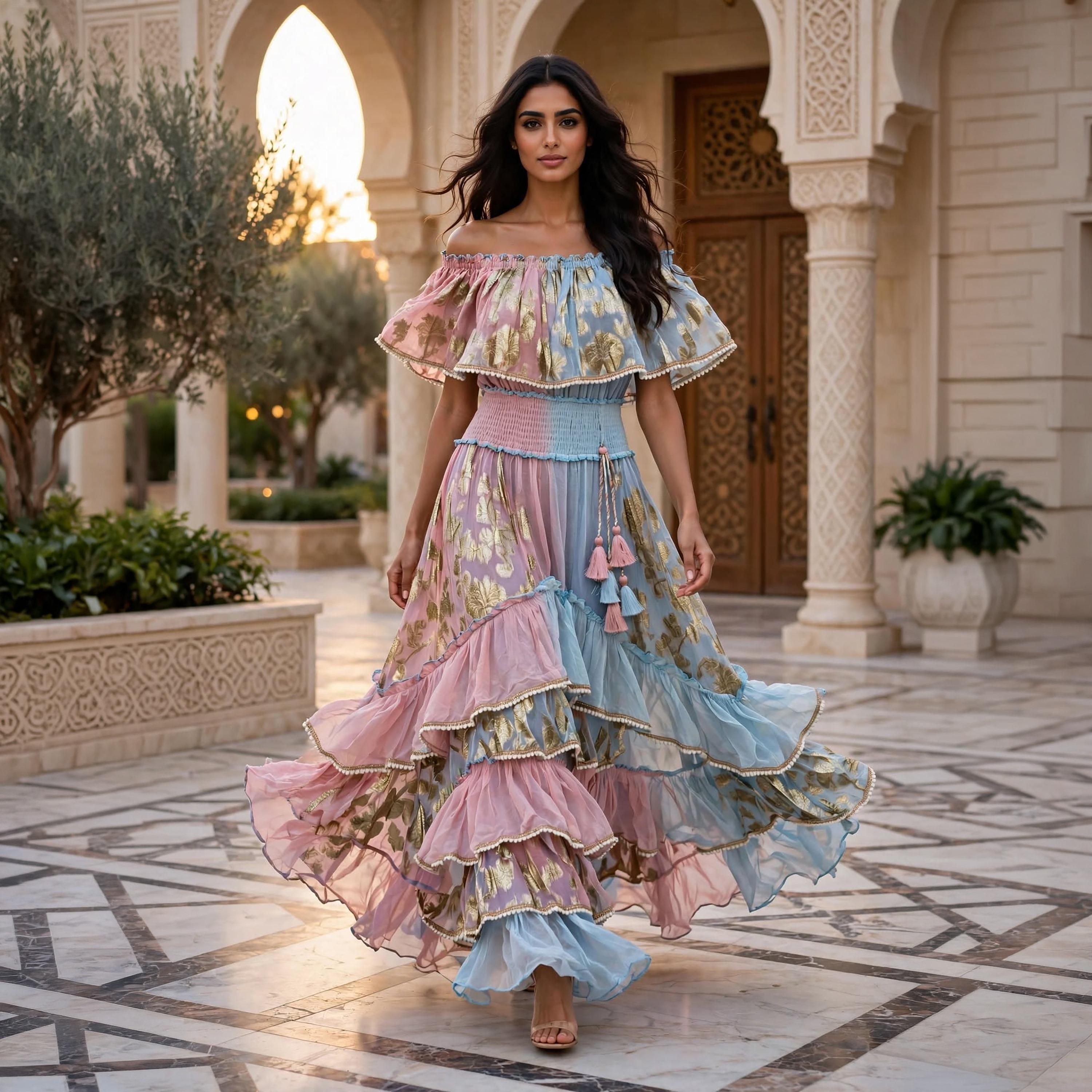 IKKXA Ruffled Metallic Floral Women's Evening Off-Shoulder Tiered Jalabiya-women-arabicclothing-jalabiyas-image-3