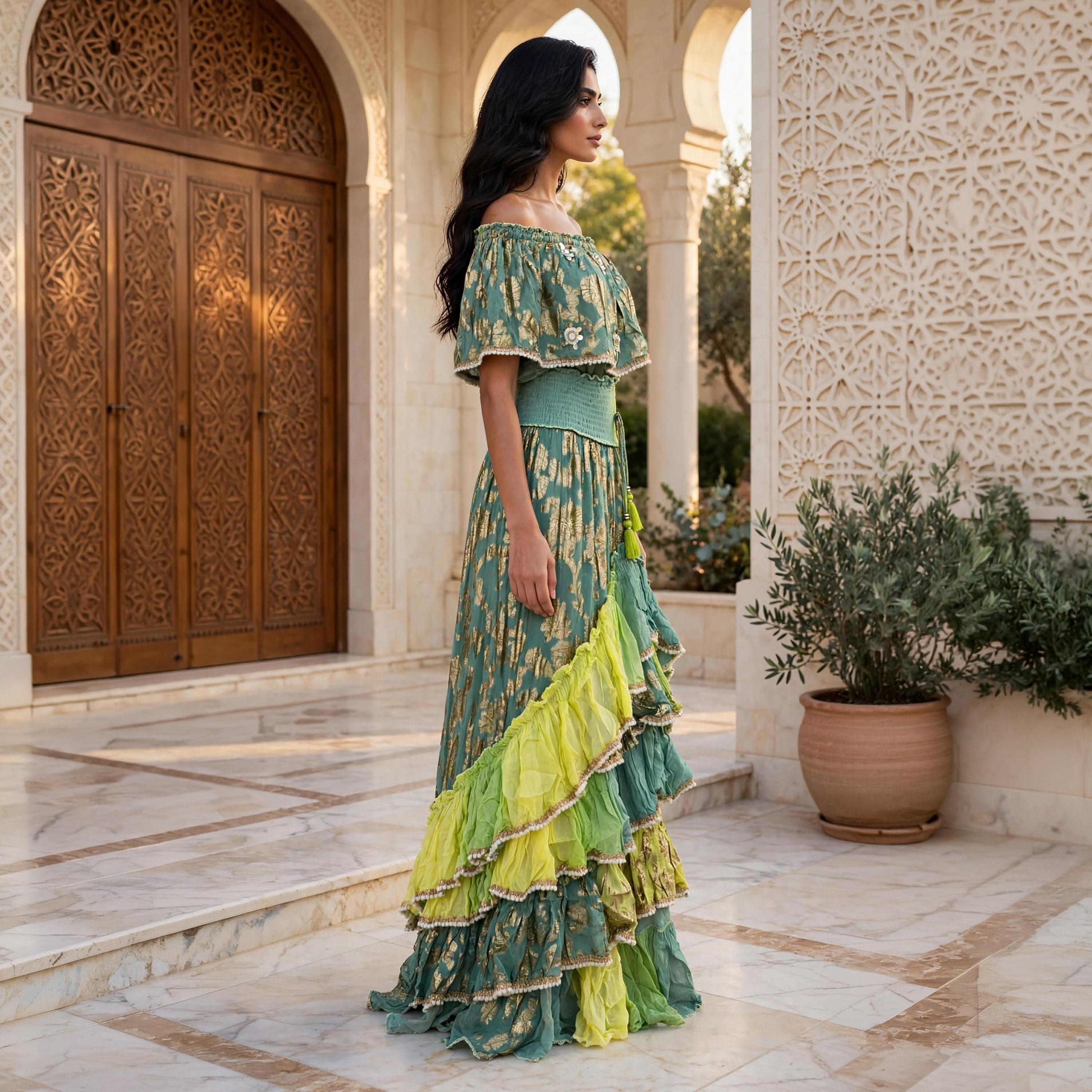 IKKXA Ruffled Metallic Floral Women's Evening Off-Shoulder Tiered Jalabiya-women-arabicclothing-jalabiyas-image-4