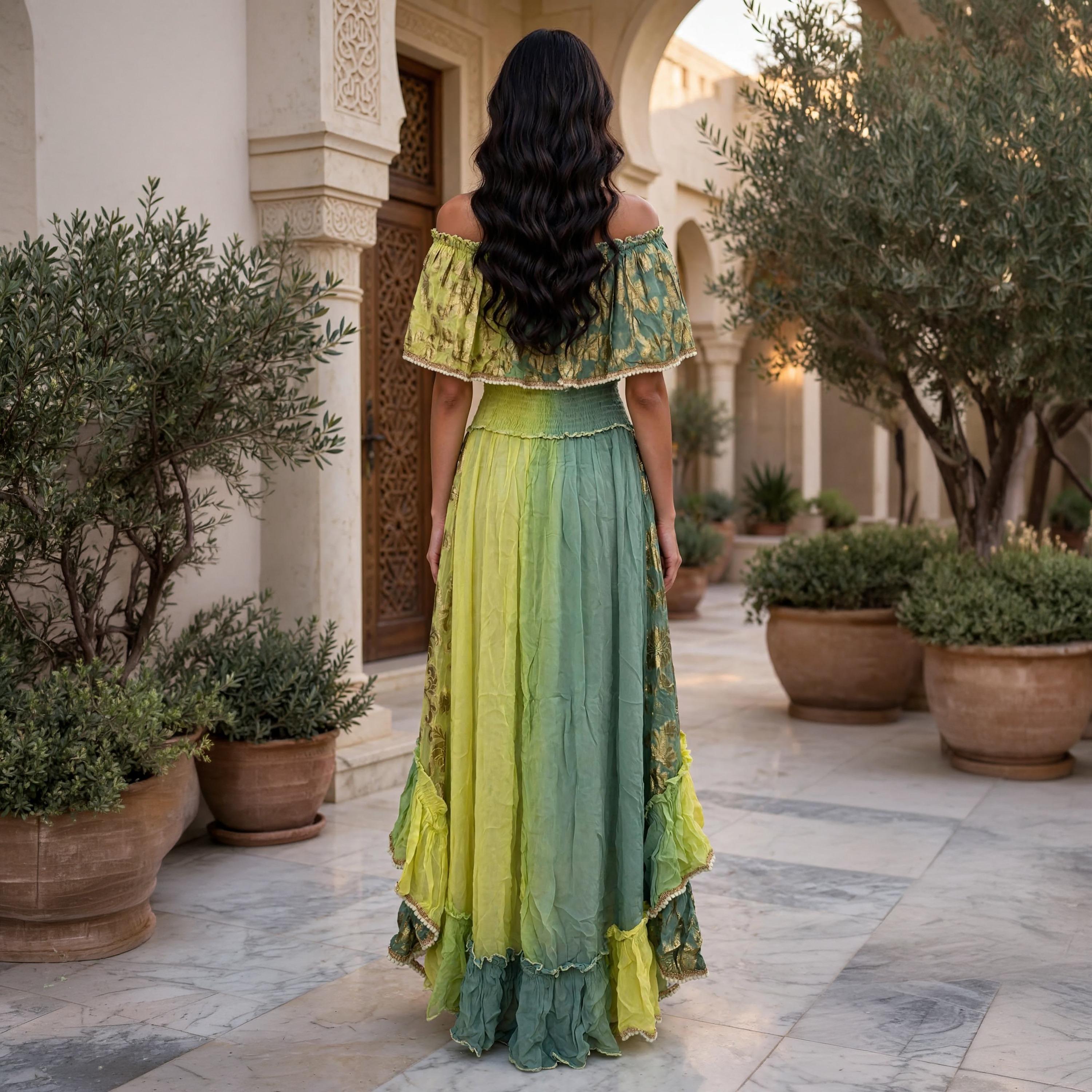 IKKXA Ruffled Metallic Floral Women's Evening Off-Shoulder Tiered Jalabiya-women-arabicclothing-jalabiyas-image-5