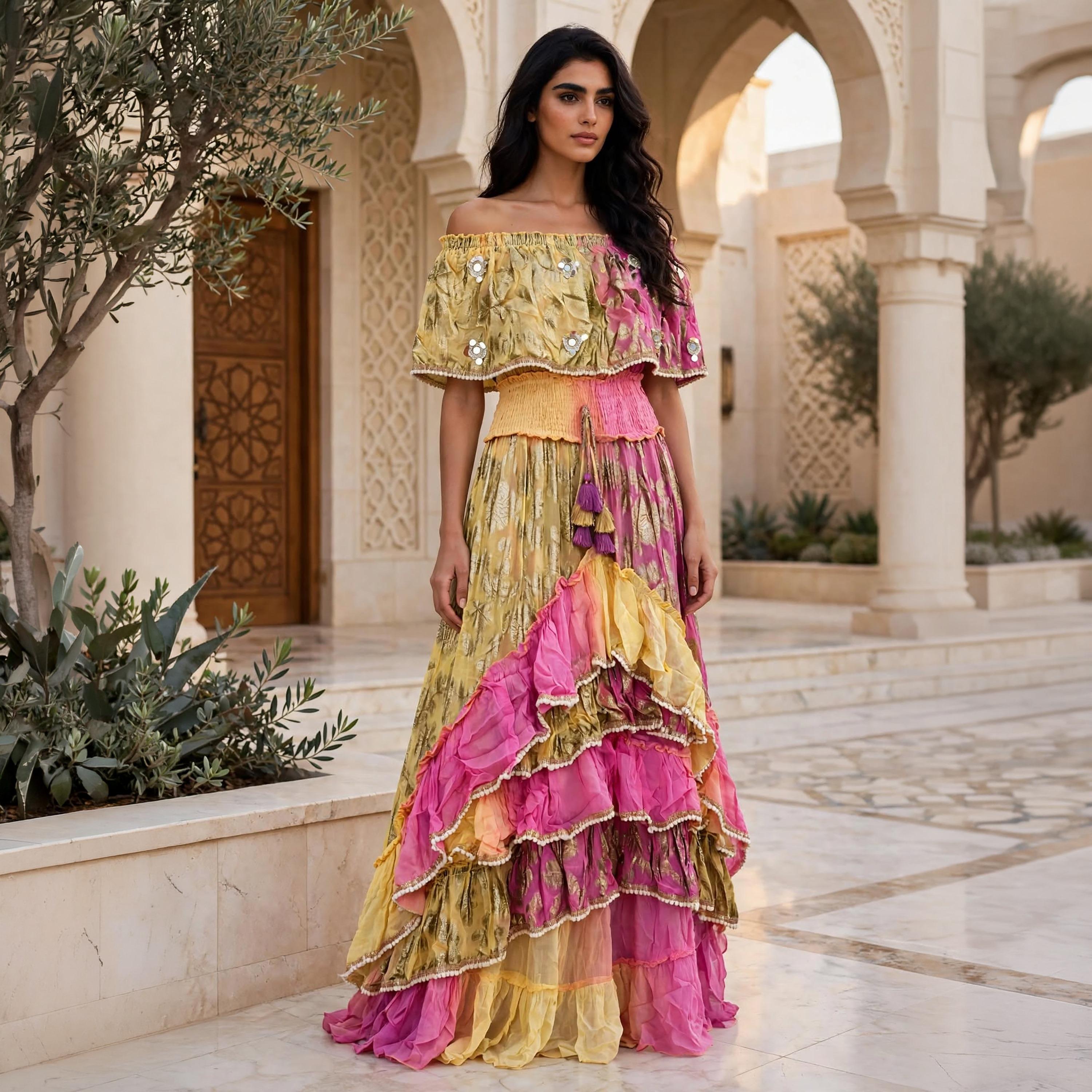 IKKXA Ruffled Metallic Floral Women's Evening Off-Shoulder Tiered Jalabiya-women-arabicclothing-jalabiyas-image-1