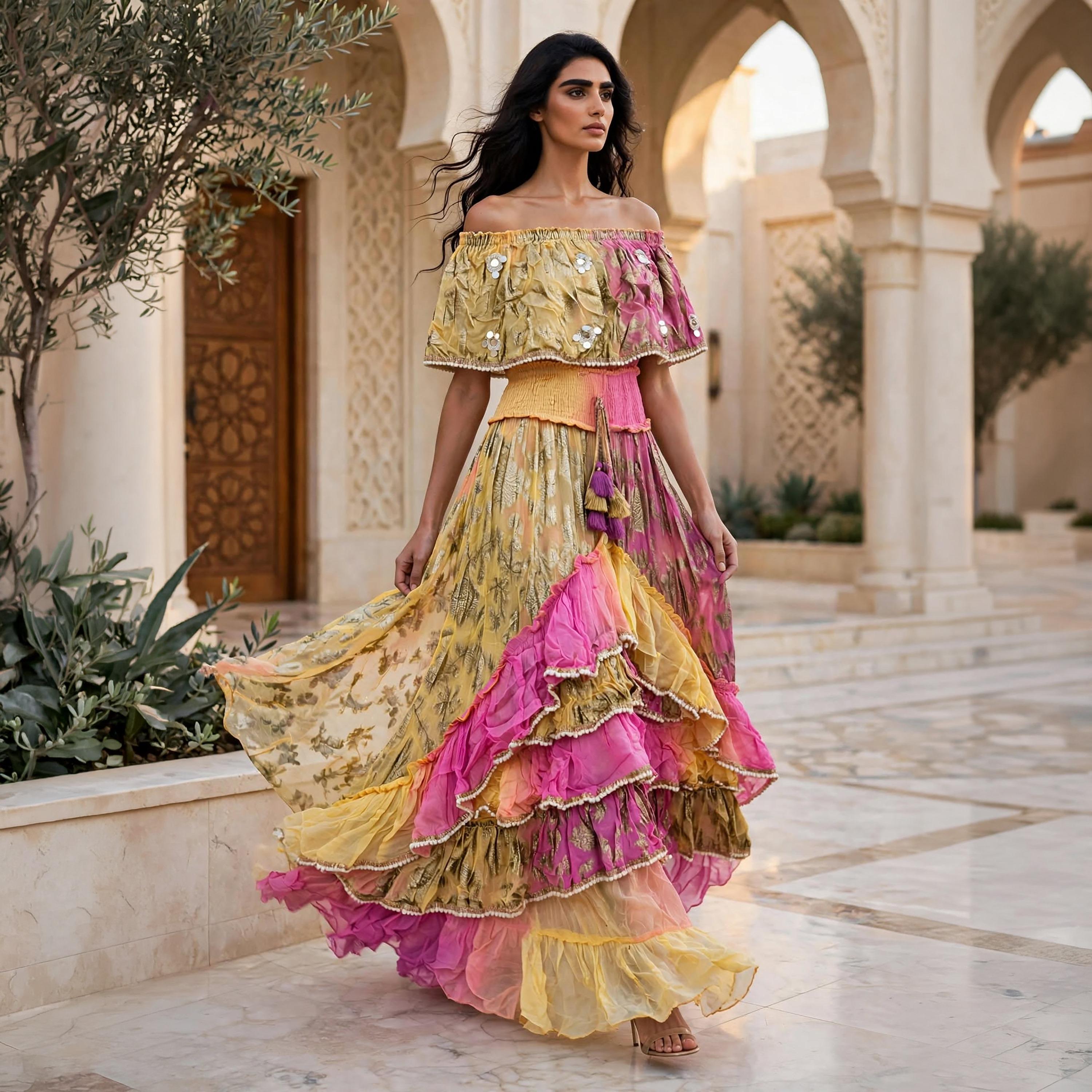 IKKXA Ruffled Metallic Floral Women's Evening Off-Shoulder Tiered Jalabiya-women-arabicclothing-jalabiyas-image-3