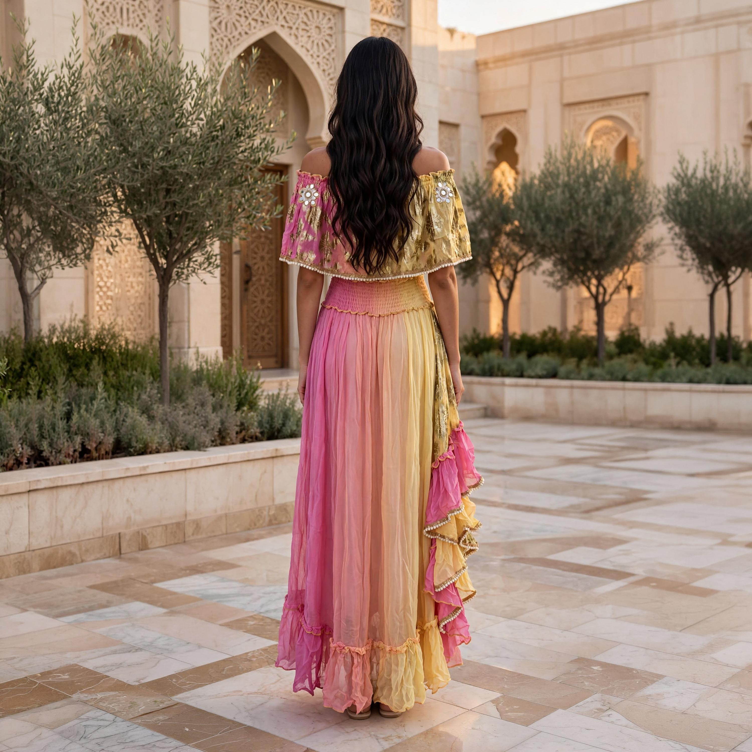 IKKXA Ruffled Metallic Floral Women's Evening Off-Shoulder Tiered Jalabiya-women-arabicclothing-jalabiyas-image-4