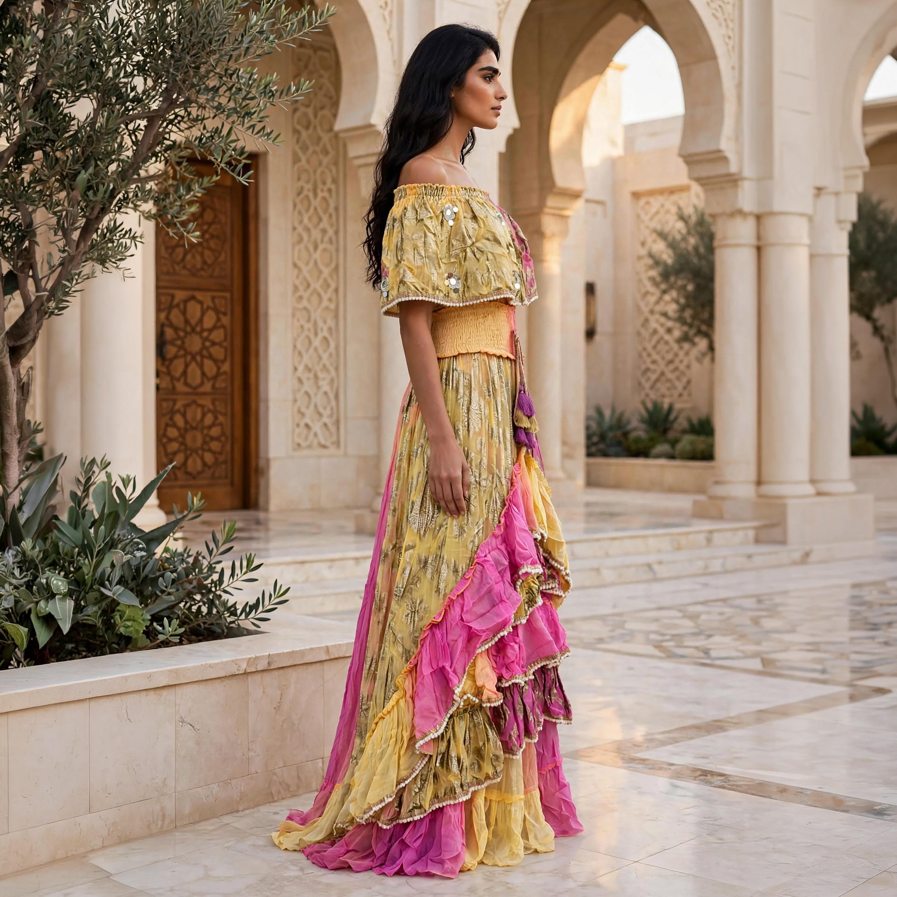 IKKXA Ruffled Metallic Floral Women's Evening Off-Shoulder Tiered Jalabiya-women-arabicclothing-jalabiyas-image-5