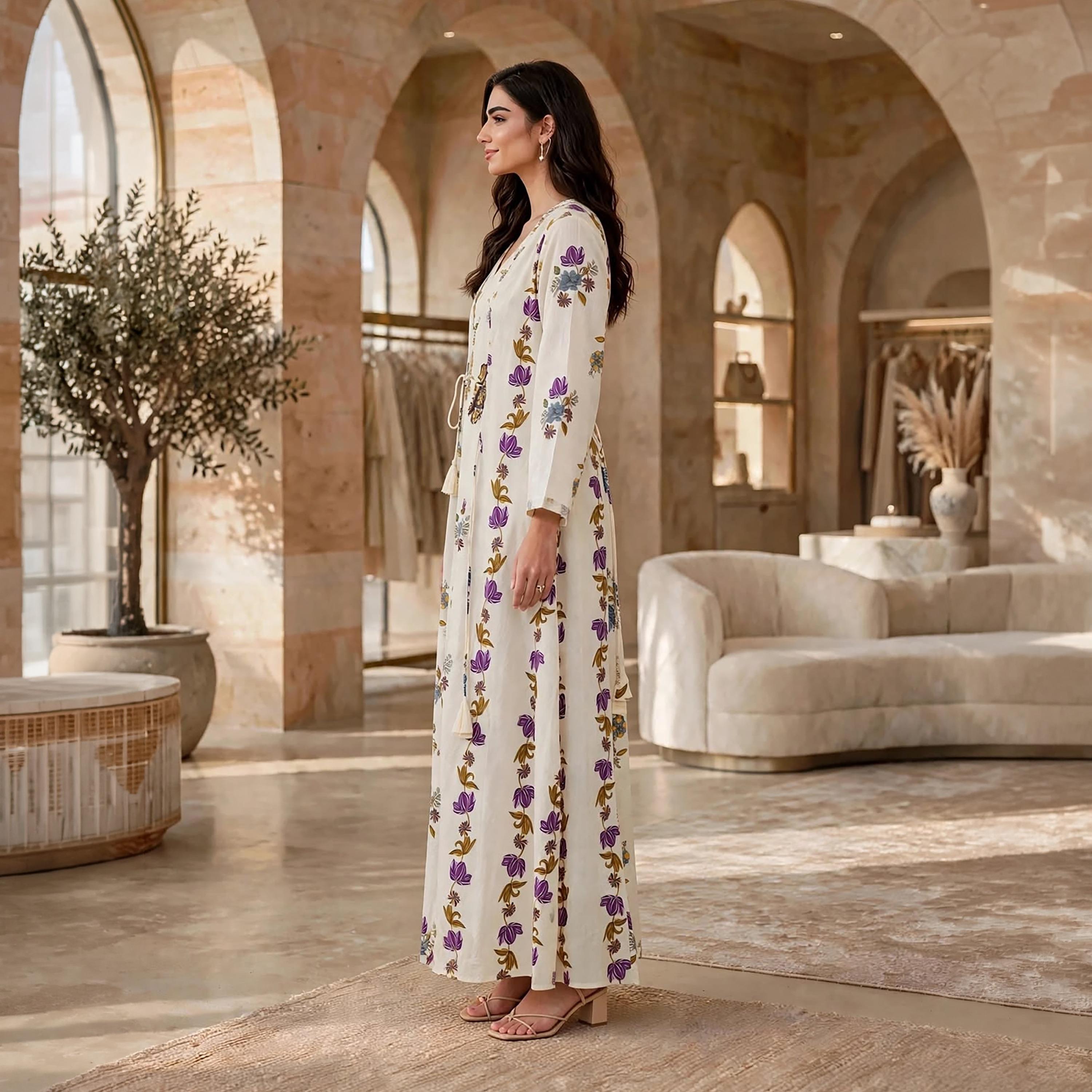 فستان حريمي بقصة ضيقة وواسعة تدريجياً بطبعة زهور وياقة ماندرين من إيكسا-women-clothing-dresses-image-4