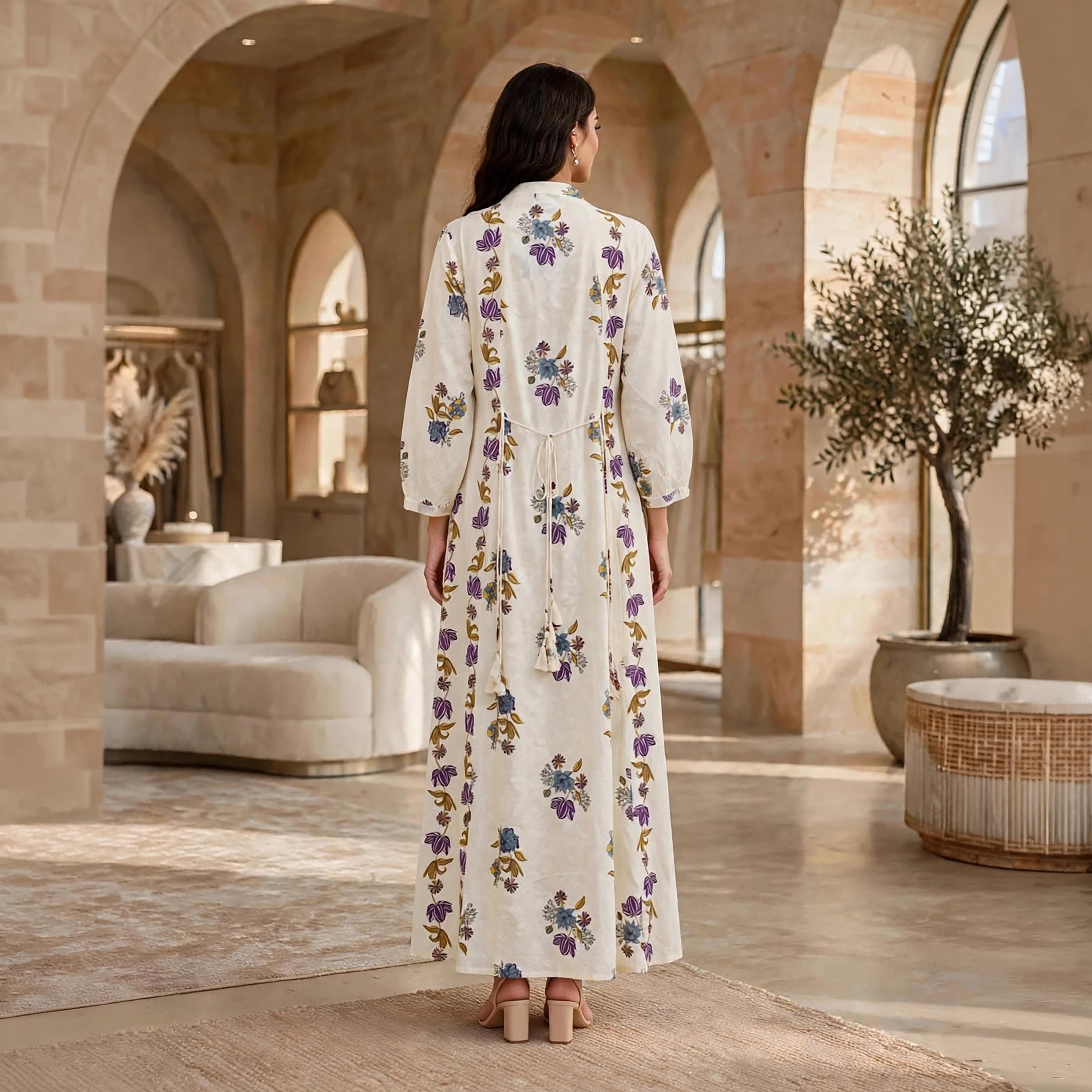 فستان حريمي بقصة ضيقة وواسعة تدريجياً بطبعة زهور وياقة ماندرين من إيكسا-women-clothing-dresses-image-5