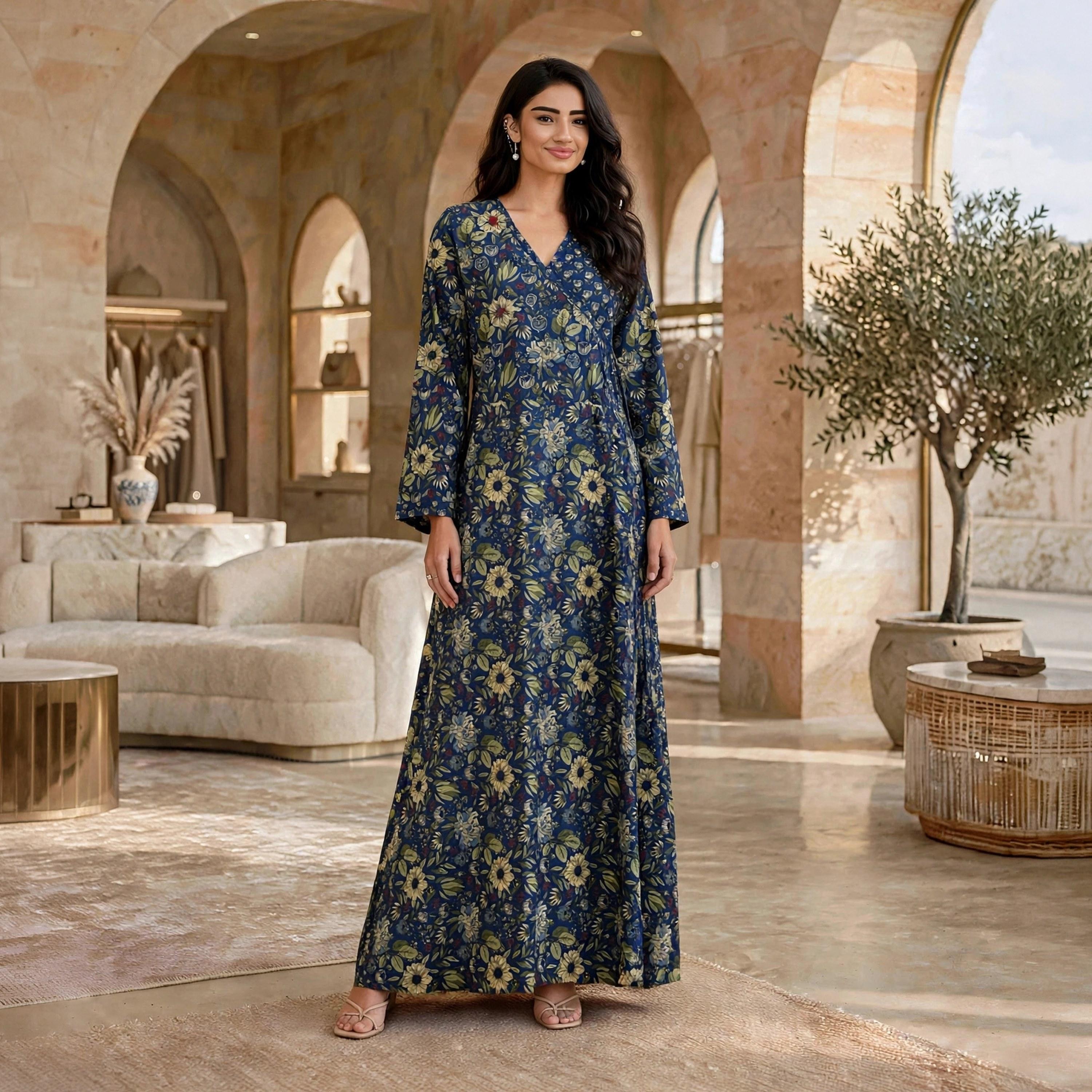 IKKXA Floral Print Women's Wrap Style Jalabiya-women-arabicclothing-jalabiyas-image-1