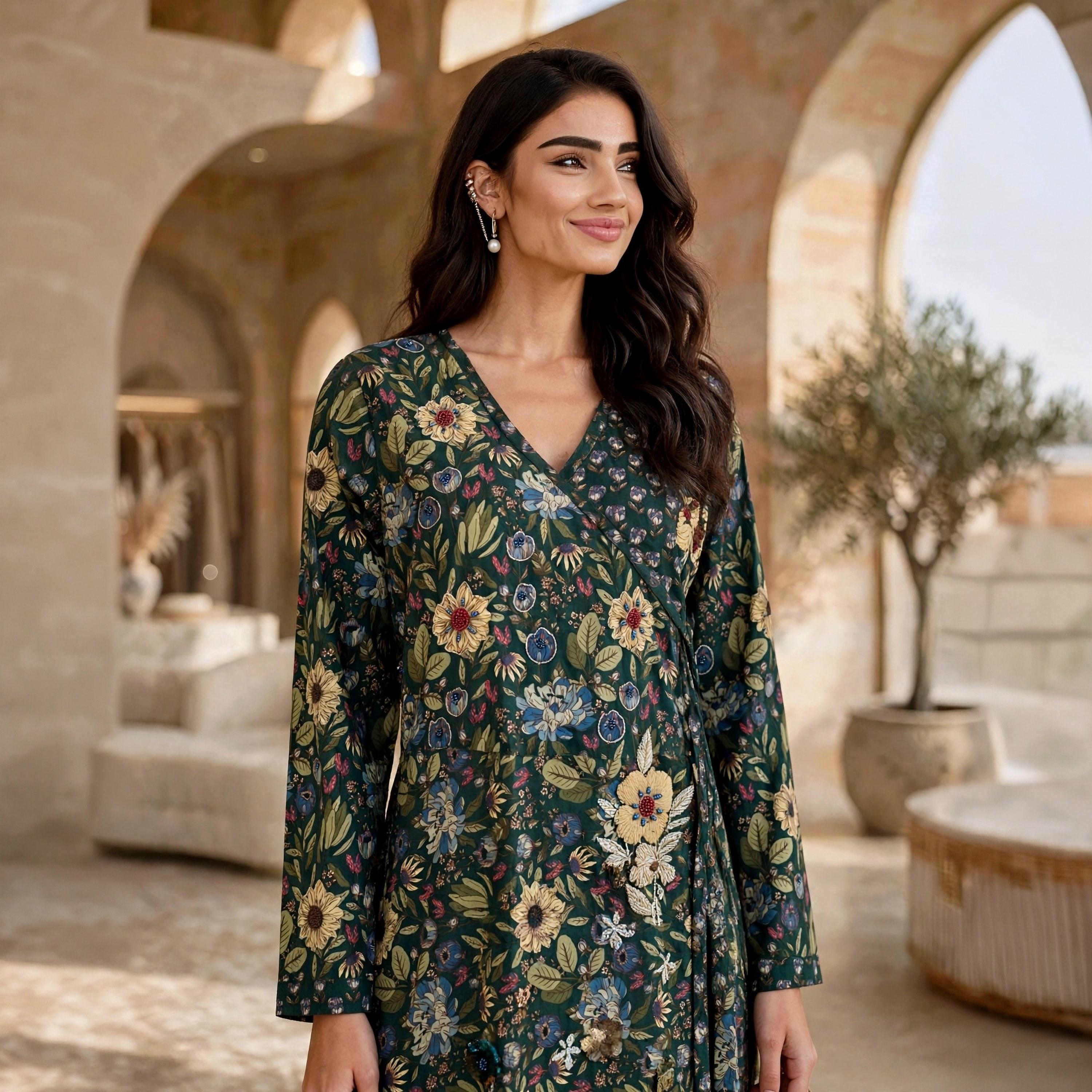 IKKXA Floral Print Women's Wrap Style Jalabiya-women-arabicclothing-jalabiyas-image-2