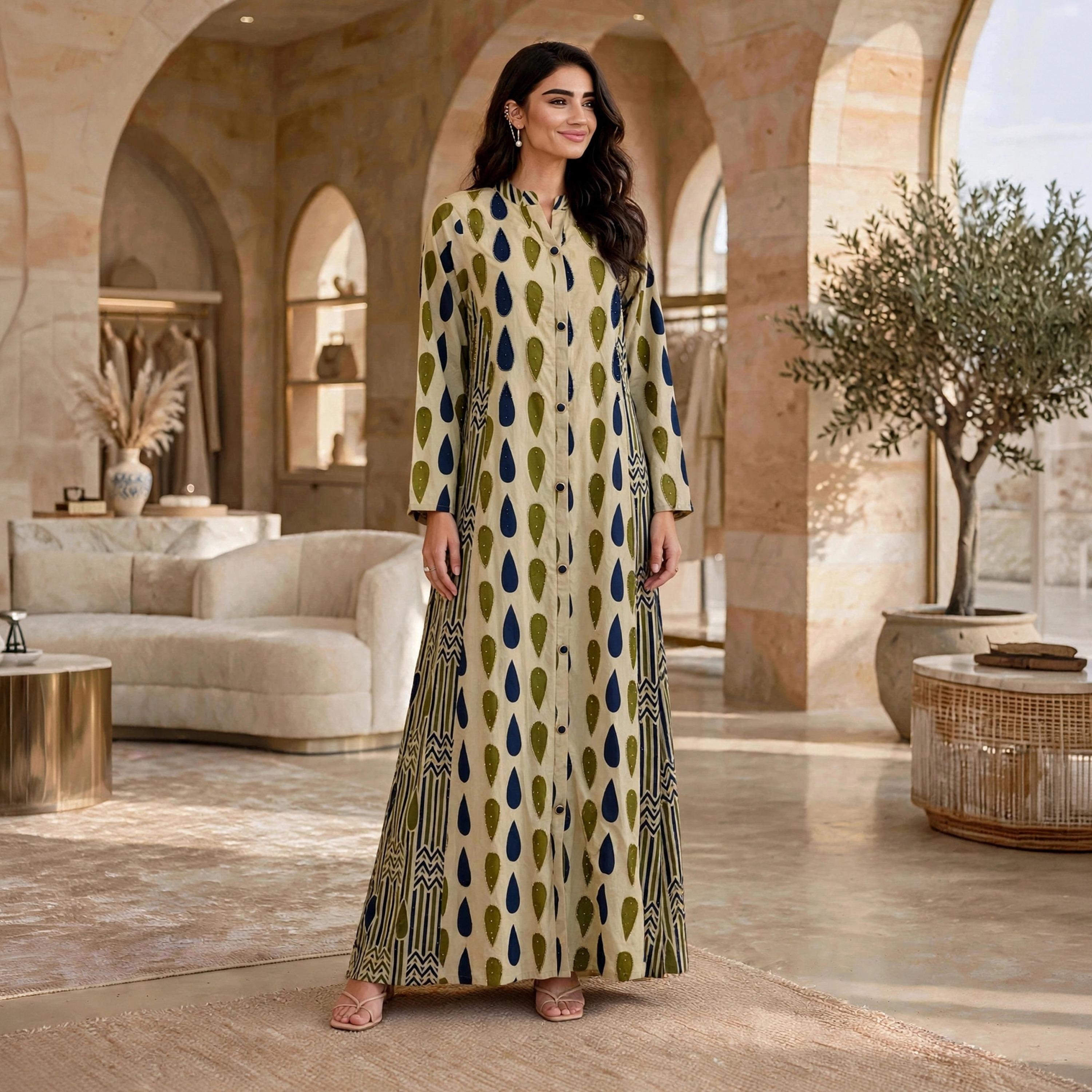 جلابية حريمي بأزرار بطبعة هندسية وياقة ماندرين من إيكسا-women-arabicclothing-jalabiyas-image-1
