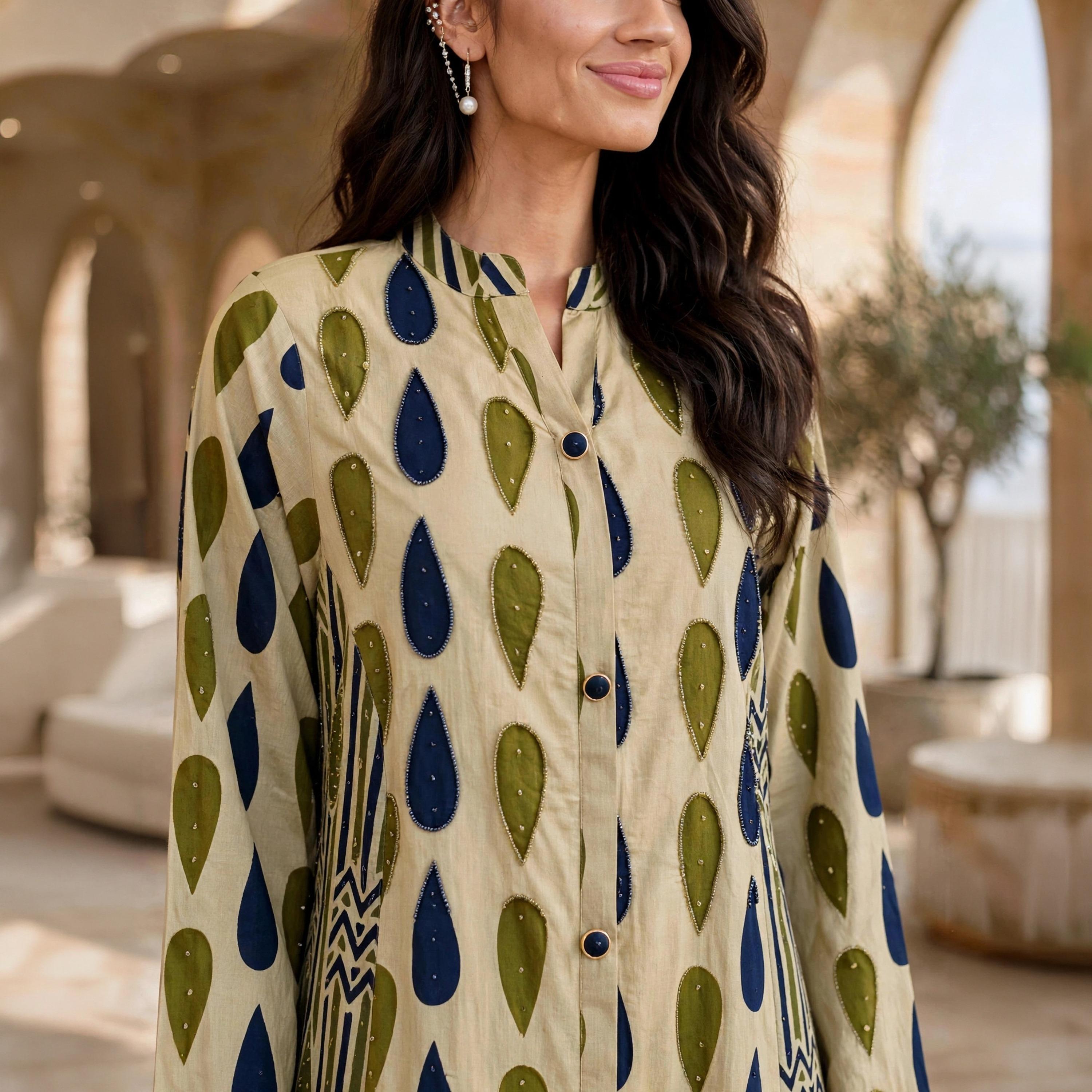 IKKXA Geometric Print Mandarin Collar Women's Buttoned Jalabiya-women-arabicclothing-jalabiyas-image-2