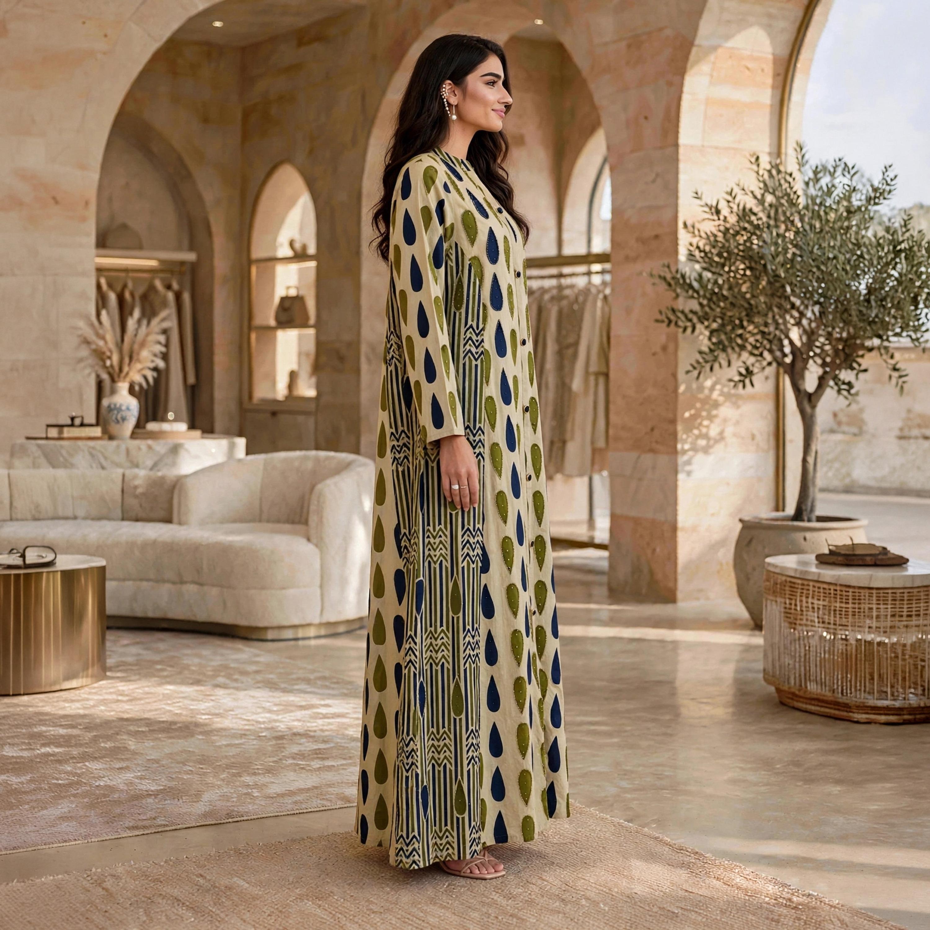 IKKXA Geometric Print Mandarin Collar Women's Buttoned Jalabiya-women-arabicclothing-jalabiyas-image-3