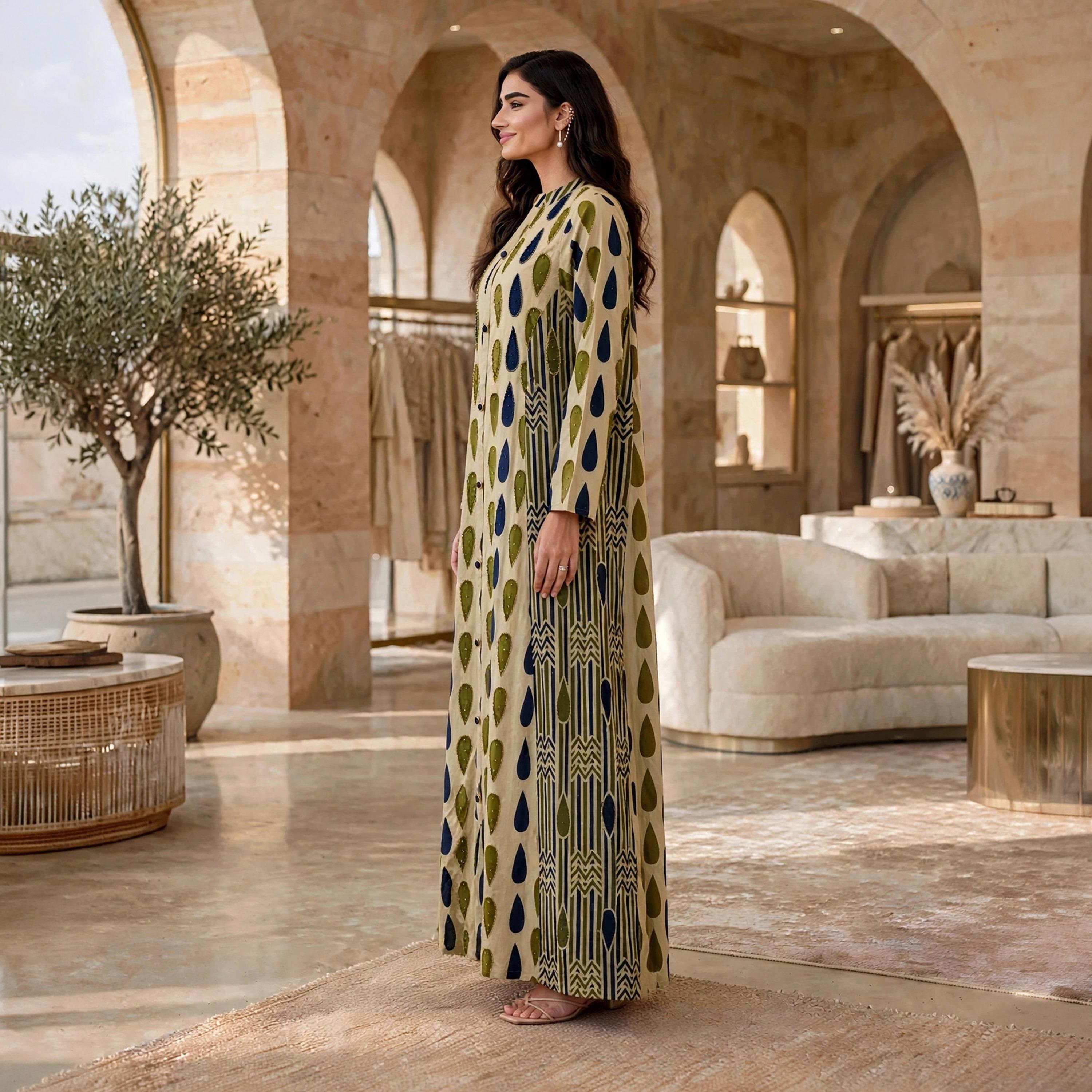 جلابية حريمي بأزرار بطبعة هندسية وياقة ماندرين من إيكسا-women-arabicclothing-jalabiyas-image-4