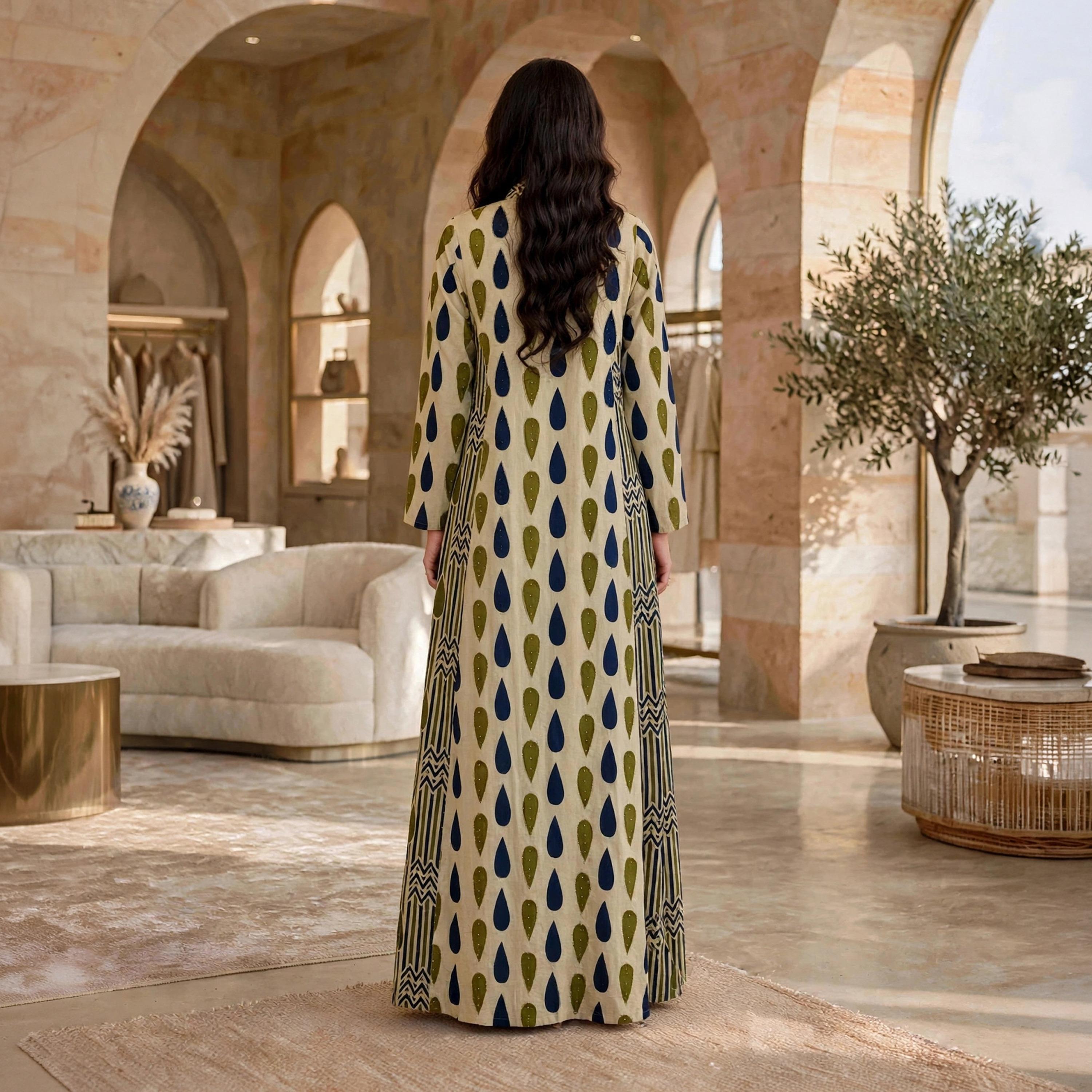 IKKXA Geometric Print Mandarin Collar Women's Buttoned Jalabiya-women-arabicclothing-jalabiyas-image-5