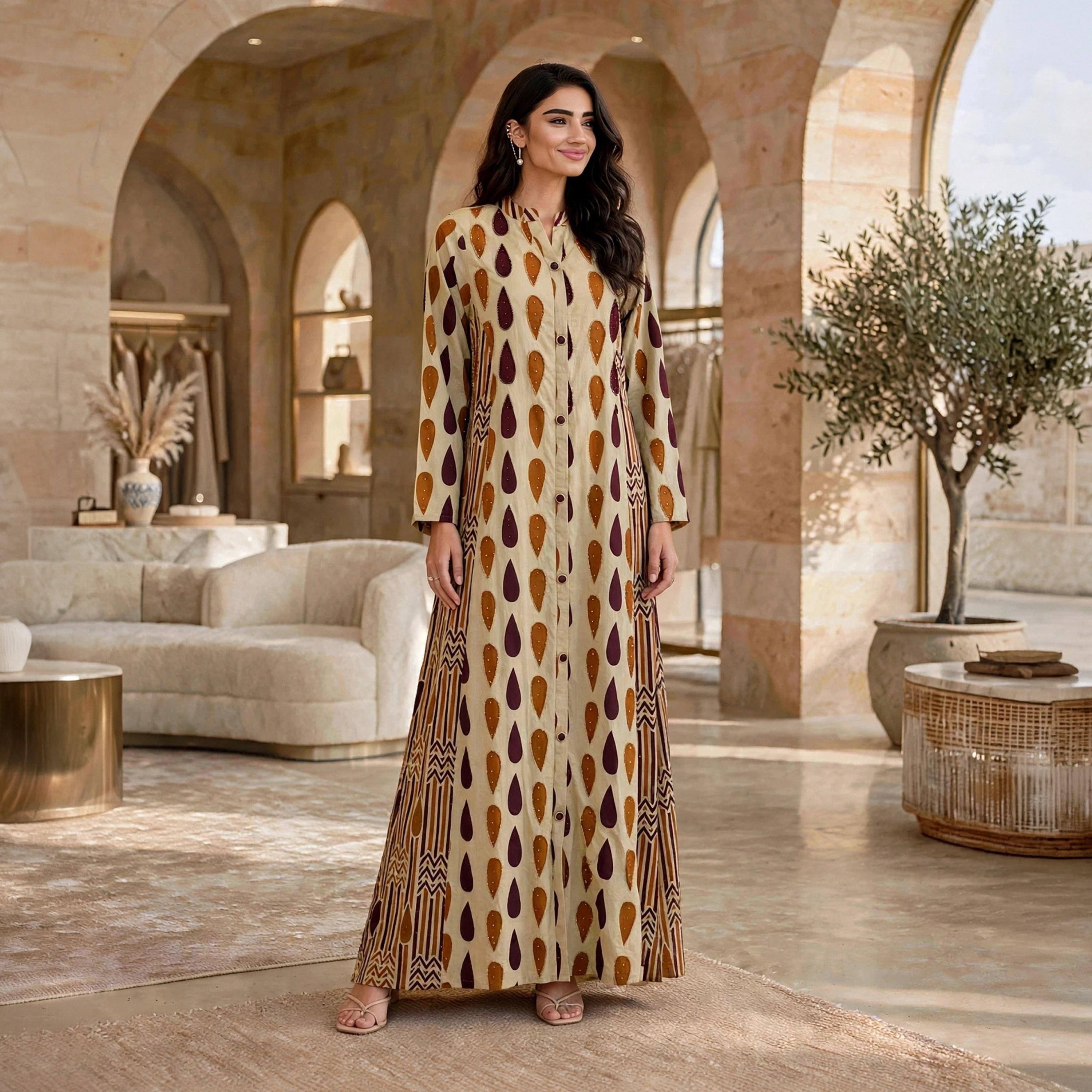 جلابية حريمي بأزرار بطبعة هندسية وياقة ماندرين من إيكسا-women-arabicclothing-jalabiyas-image-1