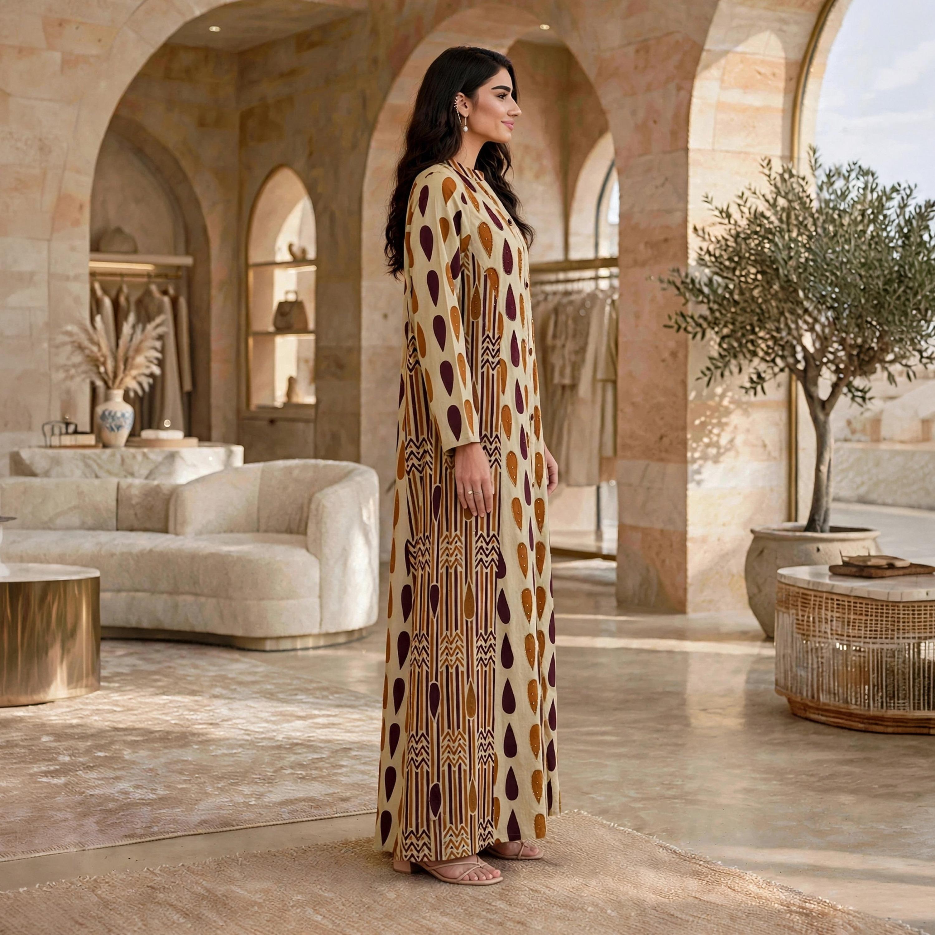 جلابية حريمي بأزرار بطبعة هندسية وياقة ماندرين من إيكسا-women-arabicclothing-jalabiyas-image-9