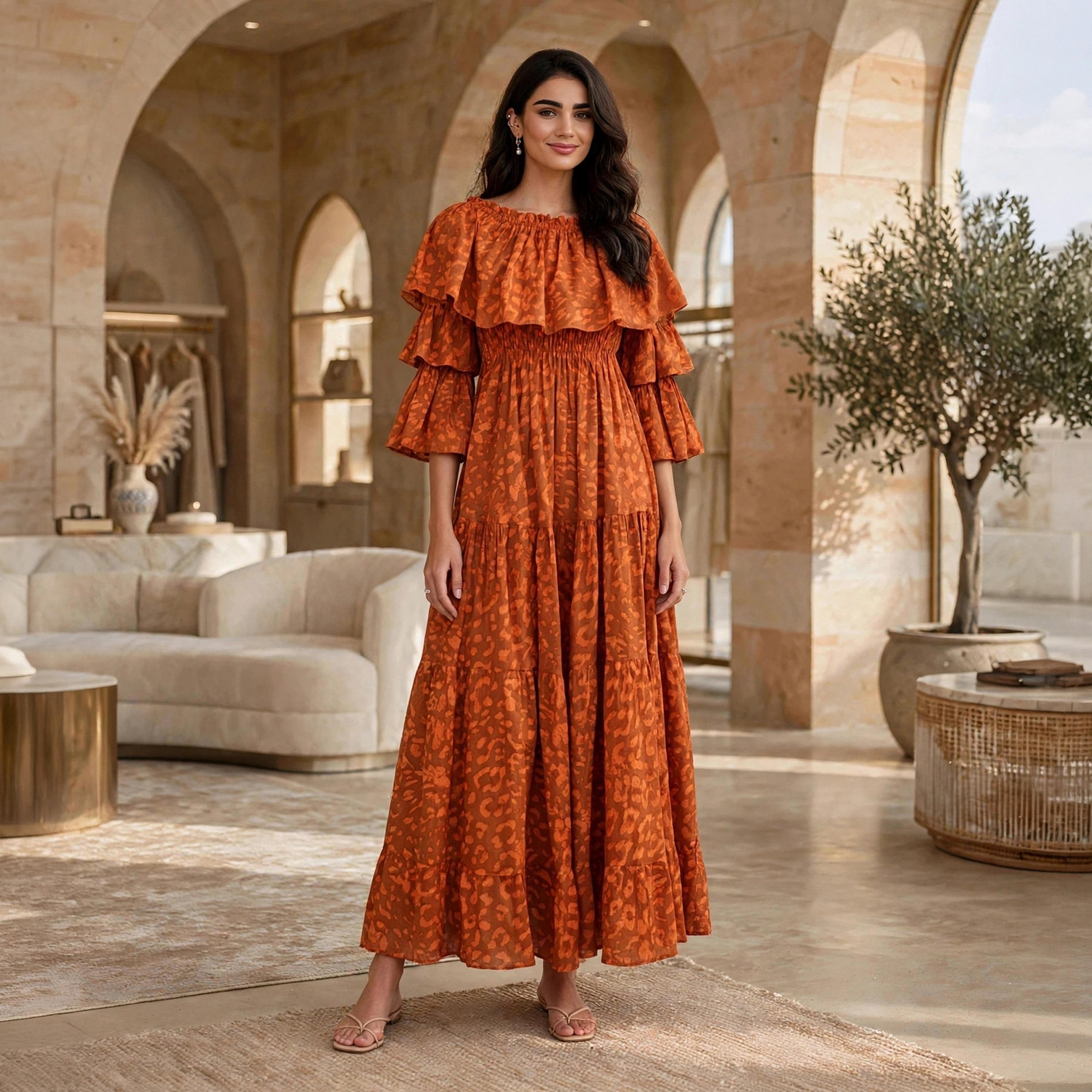 IKKXA Orange Abstract Print Off-Shoulder Ruffle Flared Sleeves Women's Tiered Jalabiya-women-arabicclothing-dresses-image-1