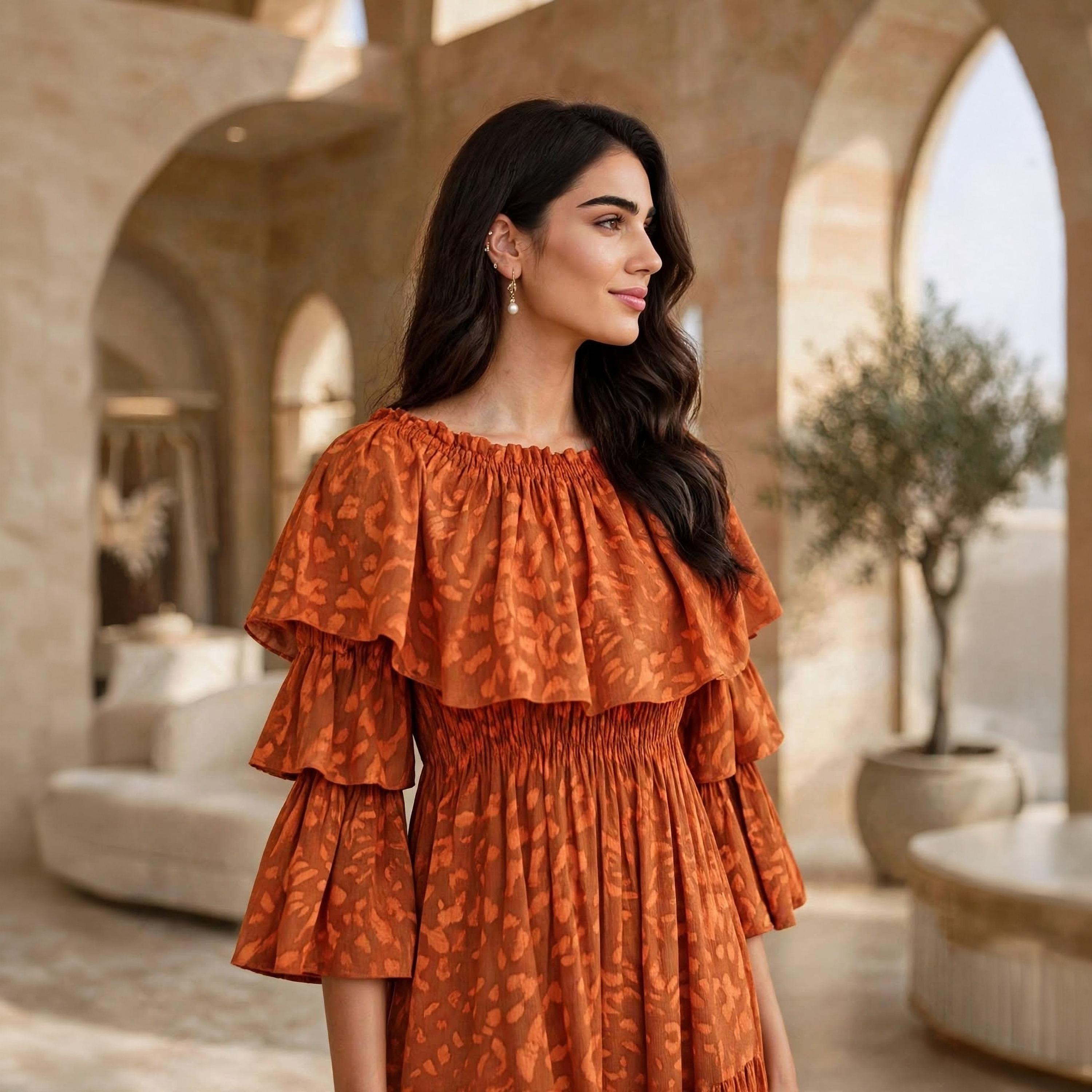 IKKXA Orange Abstract Print Off-Shoulder Ruffle Flared Sleeves Women's Tiered Jalabiya-women-arabicclothing-dresses-image-2