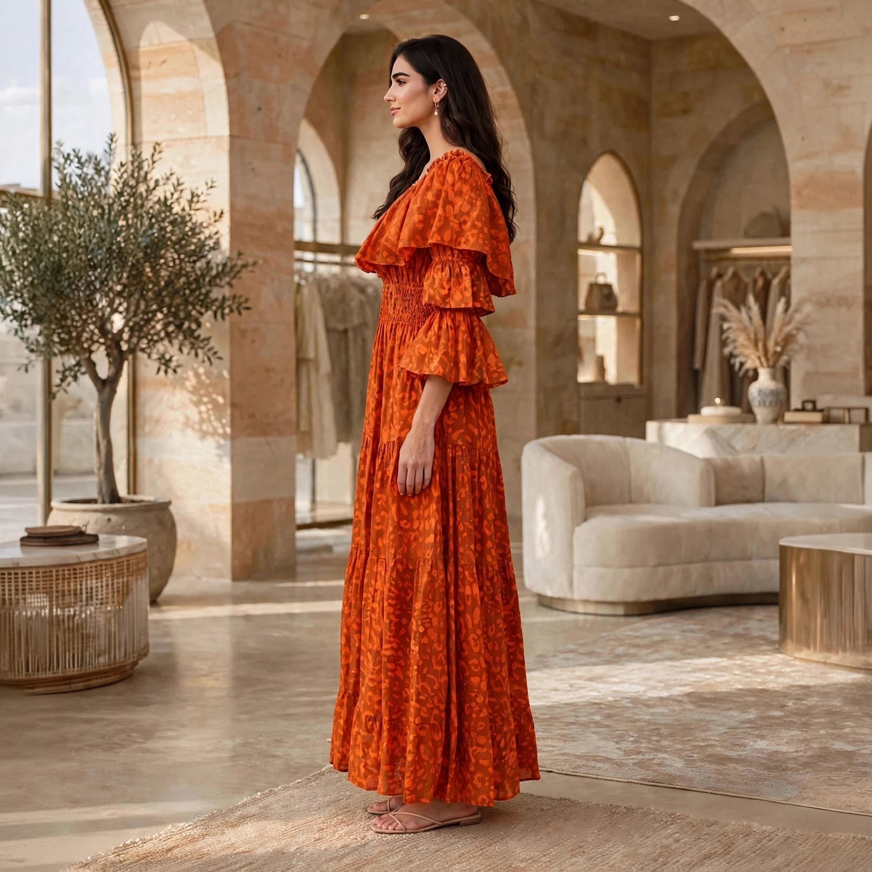 IKKXA Orange Abstract Print Off-Shoulder Ruffle Flared Sleeves Women's Tiered Jalabiya-women-arabicclothing-dresses-image-3